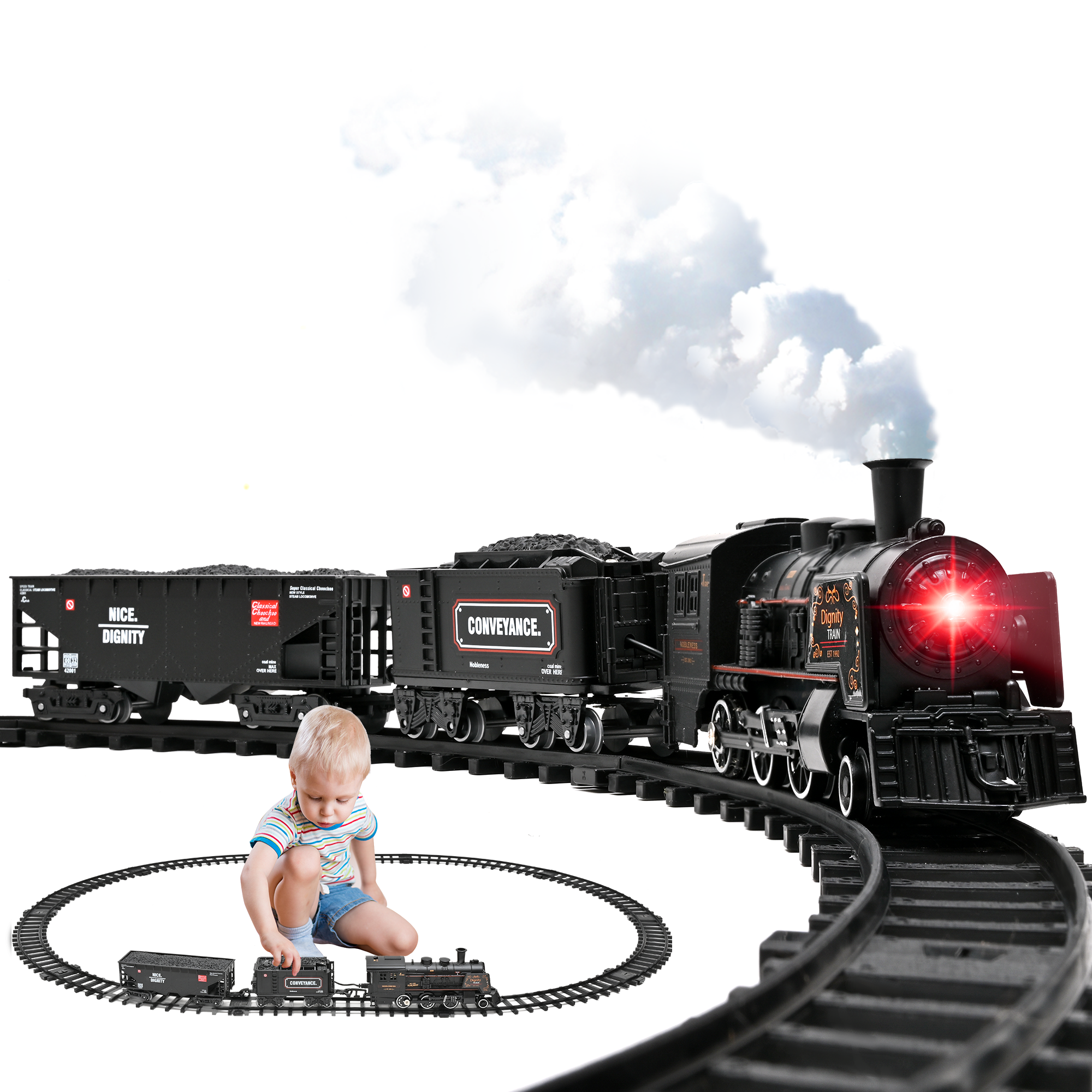 Metal Alloy Model Train Set, Electric Train Toys with Steam Locomotive, Realistic Train Sound, Lights and Smoke Train Set Topfox