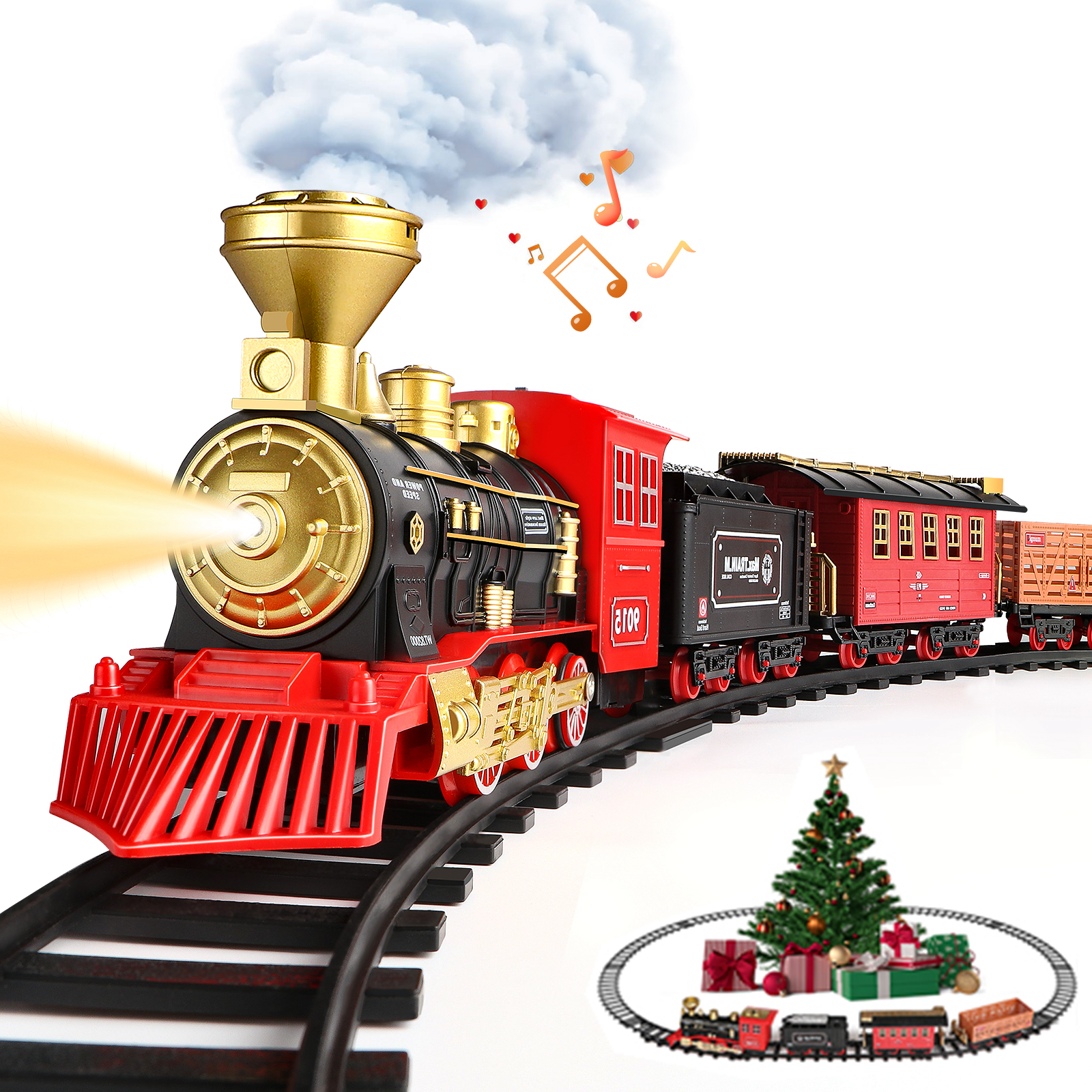 Hot Bee Train Set for Kids,with Steam Locomotive Engine, Cargo Car and Long Track for Toddlers, Train Toys with Steam, Light and Sounds, Christmas Gift for Kids, Boys & Girls 3-12 Years Hot Bee