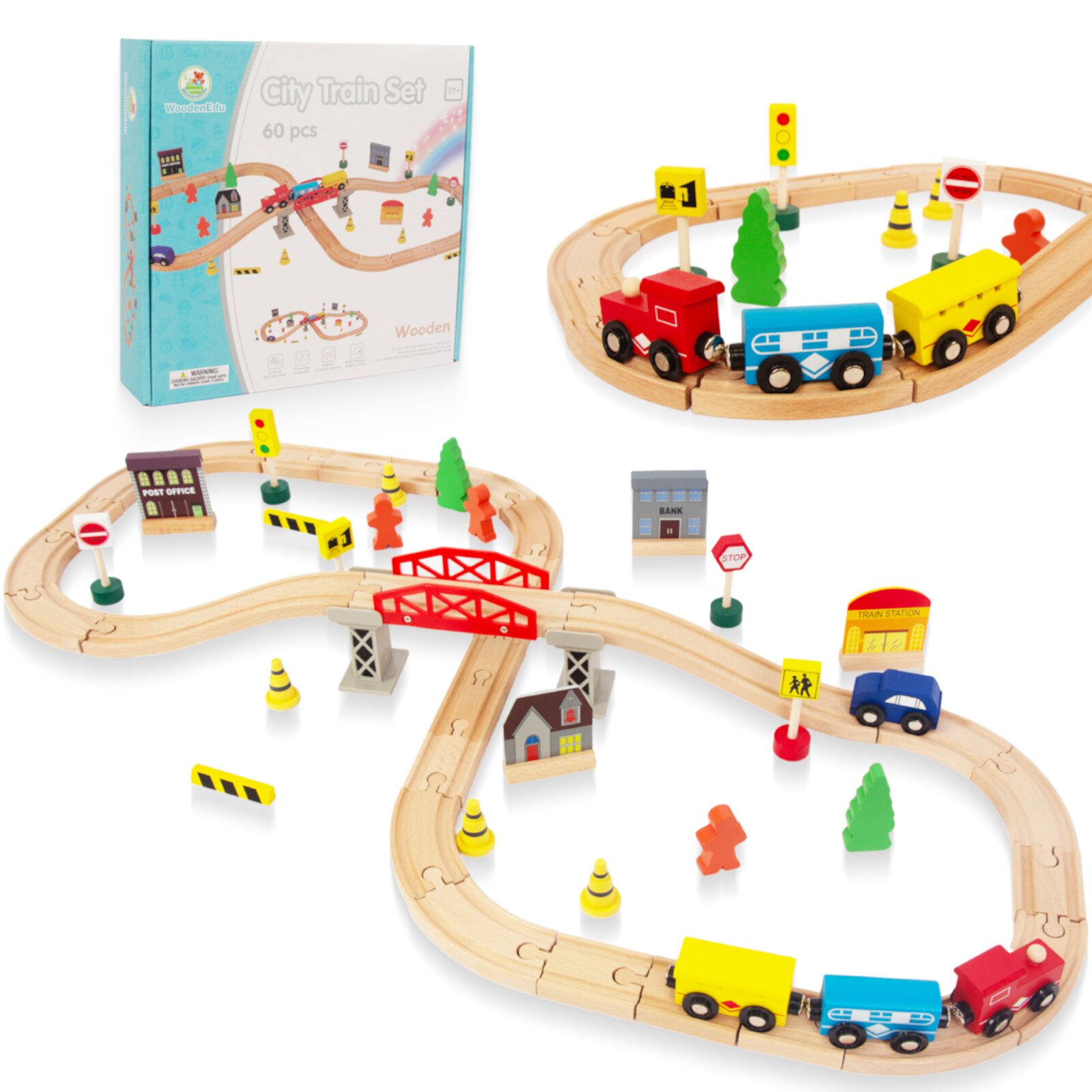 WoodenEdu 60Pcs Train Set for Toddlers, Bridge & Double-Side Wood Train Set Tracks Thomas WoodenEdu