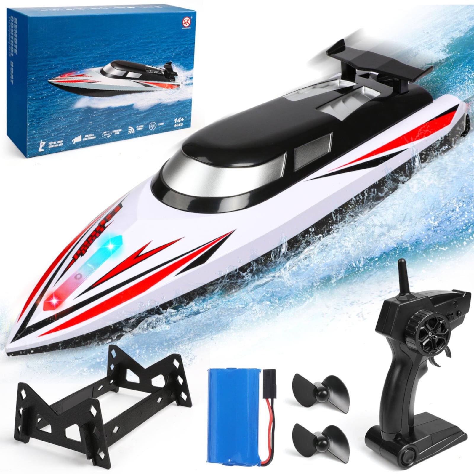 Hot Bee High Speed RC Boats for Adults Kids, 2.4 GHz 20Km/h Fast Racing Boats with Rechargeable Battery, Remote Control Electric Boats Pools and Lakes Toys for Boys Childs Age 3-7 8-12 (White) Hot Bee