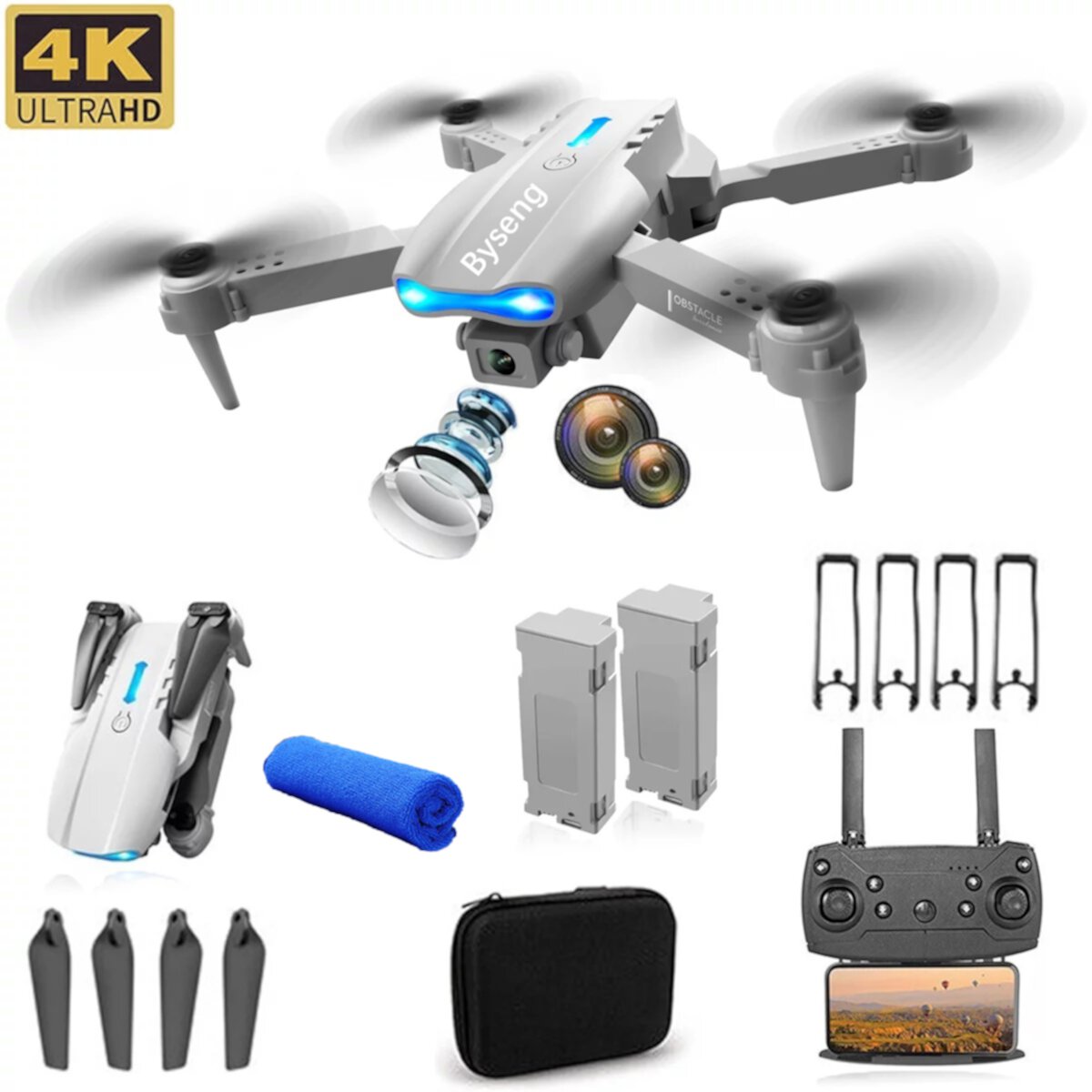 Foldable Drone with Dual 4k HD Camera, Byseng Drones for Kids and Adults with 2 Batteries Carrying Bag - Gray Byseng