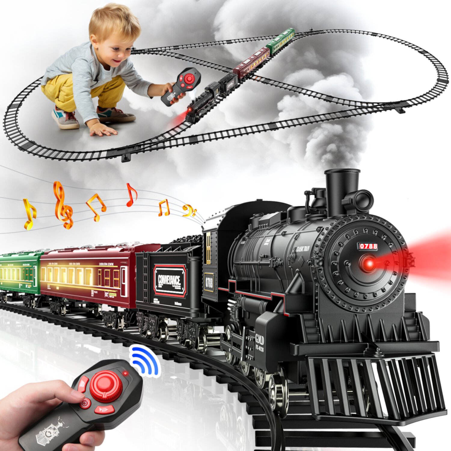 Huge Wave Train Set with Remote Control, Electric Train Track for Kids, Metal Alloy Steam Locomotive, with Smoke, Lights & Sounds, Christmas Gift for 3-12 Years Old Boys Girls Huge Wave