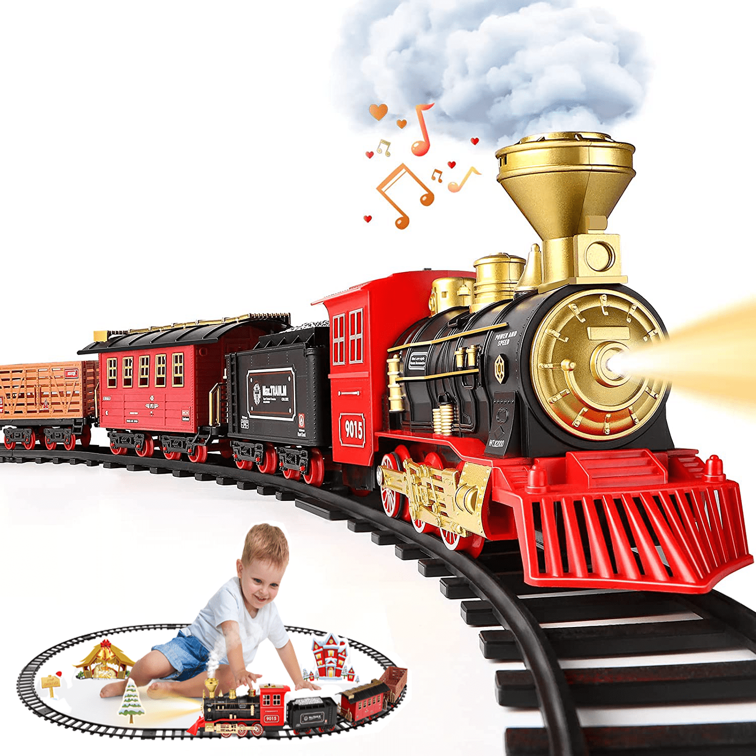 Beefunni Train Set -Electric Train Toy for Boys Girls Classic Model Play Train Toys with Smokes, Lights & Sound, Christmas Gifts for Kids 3-8 Years Beefunni