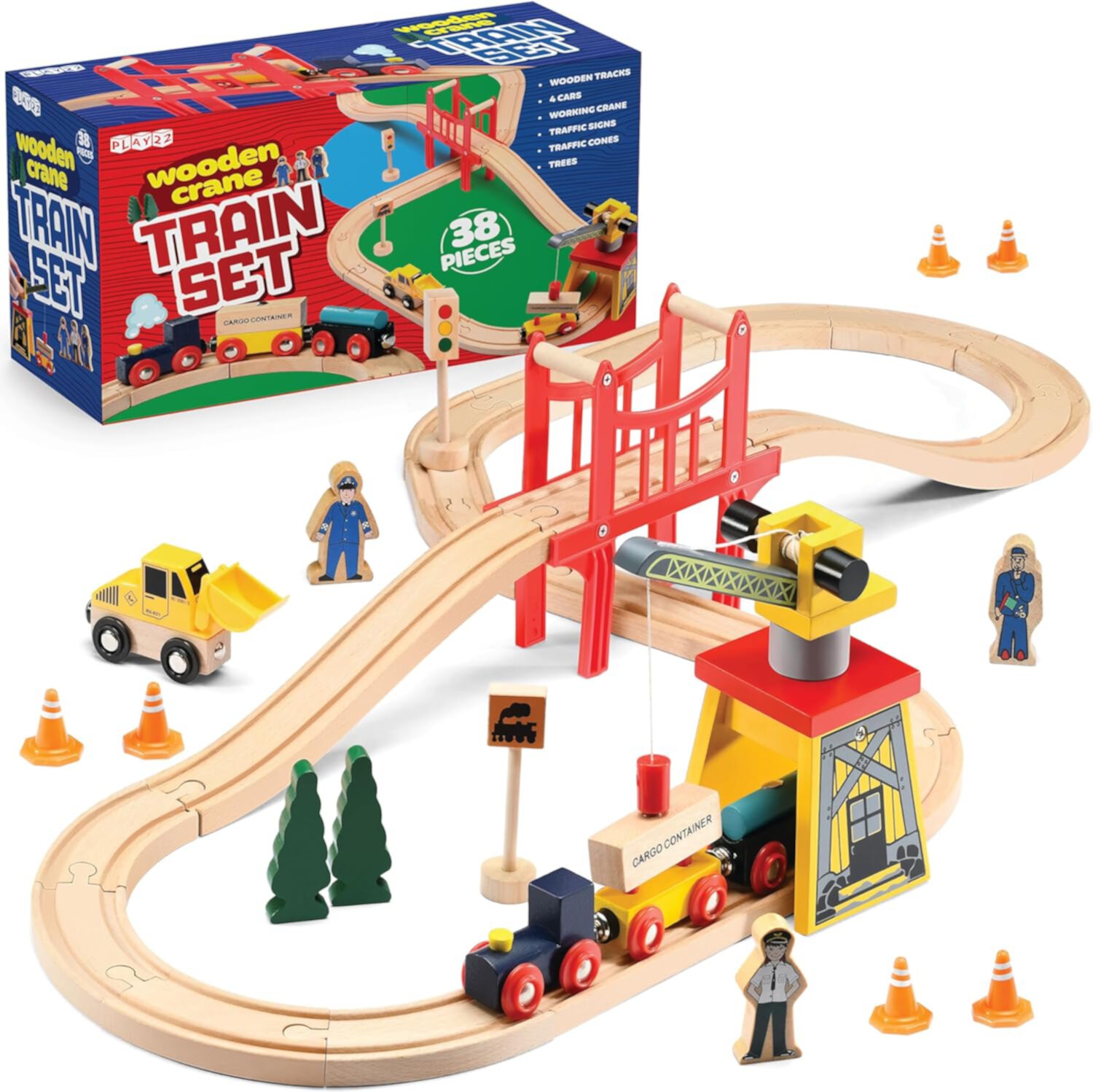 Wooden Train Set Toddler Toys - 38 Pcs Wood Train Track Set for Toddlers 2-4 Years with Crane, Bridge & Accessories - Compatible with All Major Brands Play22 Play22