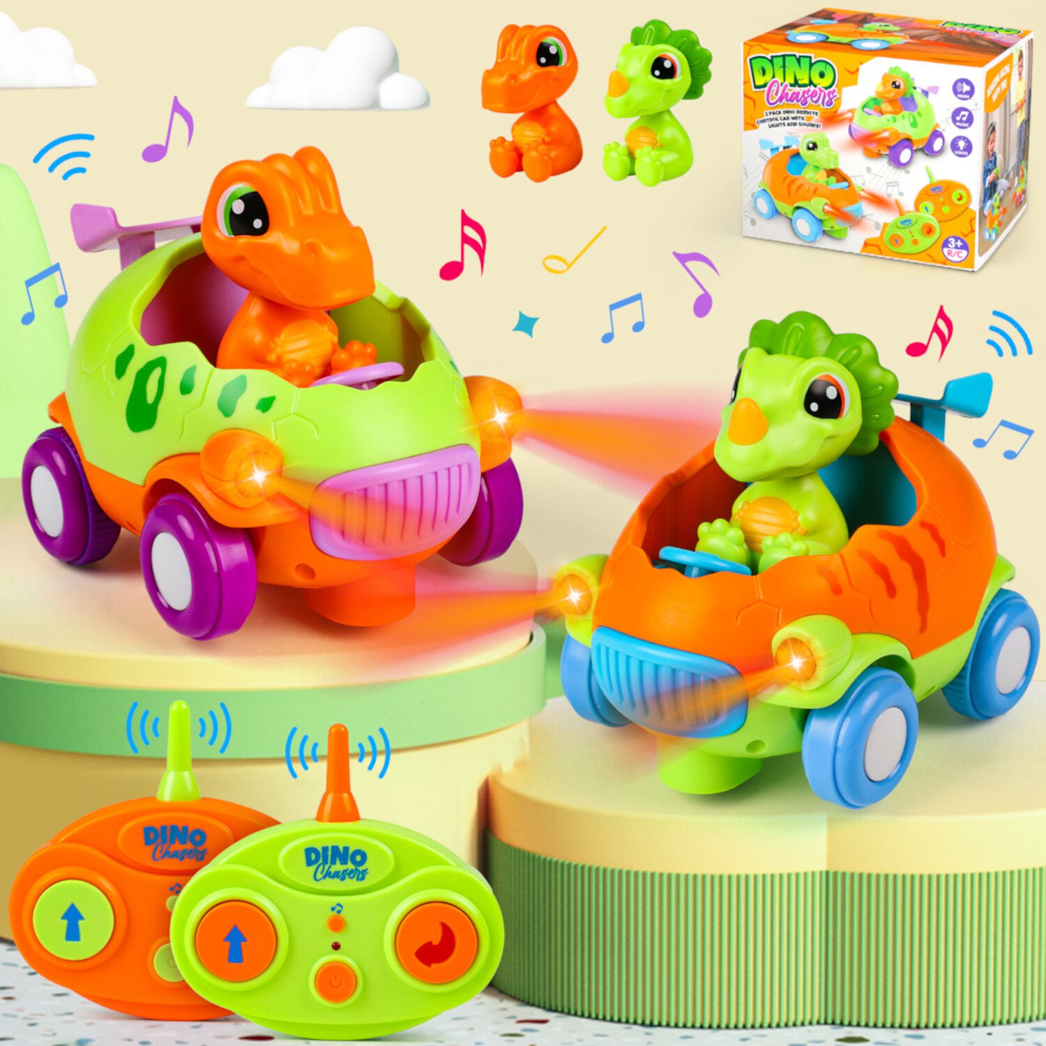 UUSUOO Dinosaur Remote Control Cars for Toddlers, 2 Pack Cartoon RC Cars for Kids, Dinosaur Toddler Toys, w/ Lights & Music, Idea Christmas Gift for Boys and Girls Aged 2-8 Year UUSUOO