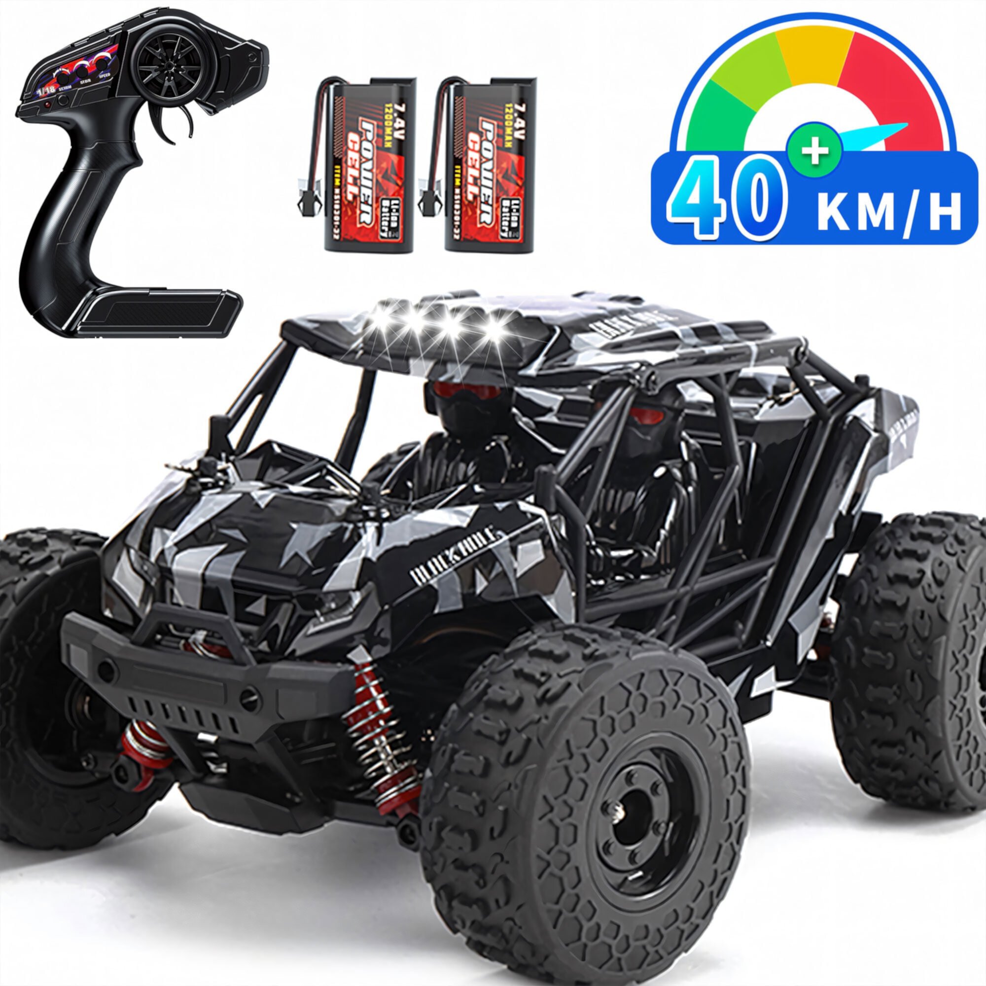 Yexmas RC Car 1:16 Remote Control Car, RC Monster Truck 40+km/h 4WD RC Truck with Lights, 2 Batteries Gifts Toys for Kids and Adults Yexmas