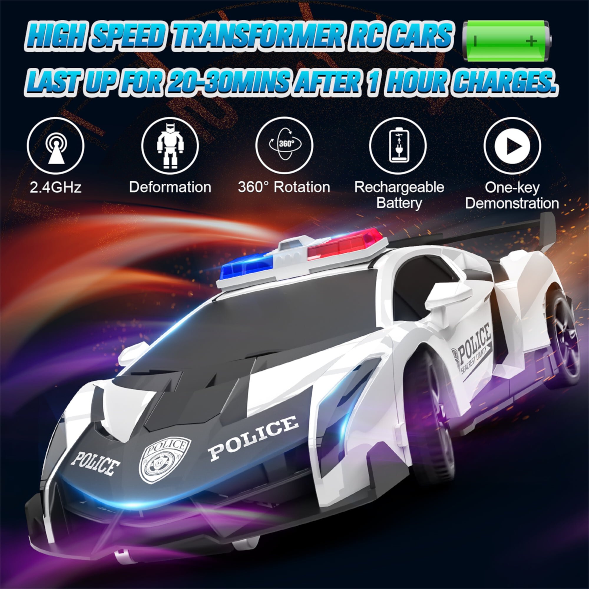 Wupuaait Lamborghini Transformer RC Racing Car Toy Gift with LED Lights for 3-12 Years Old Kids, White and Black Wupuaait