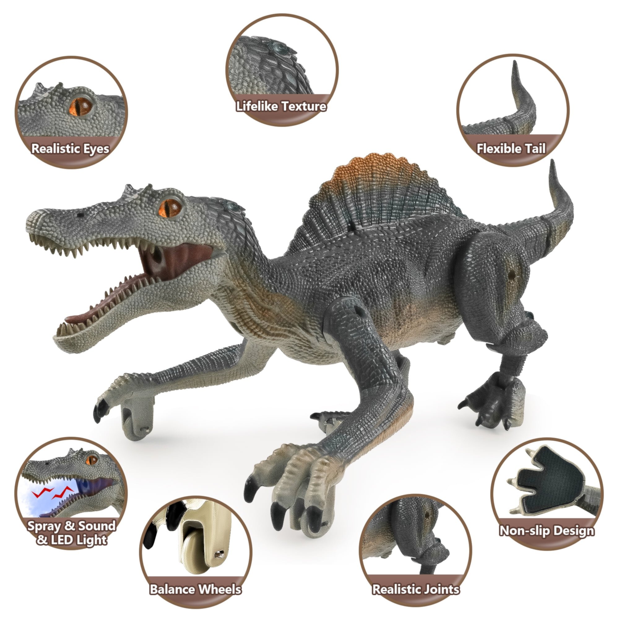 Adofi 2.4G Remote Control Dinosaur Toy, Gesture Sensitive Dinosaur Gift, Spiny Back Dragon with Light and Sounds, Electric Toy Shaking Head and Tail, Toys for Boys 3 6 Years -Gray Adofi