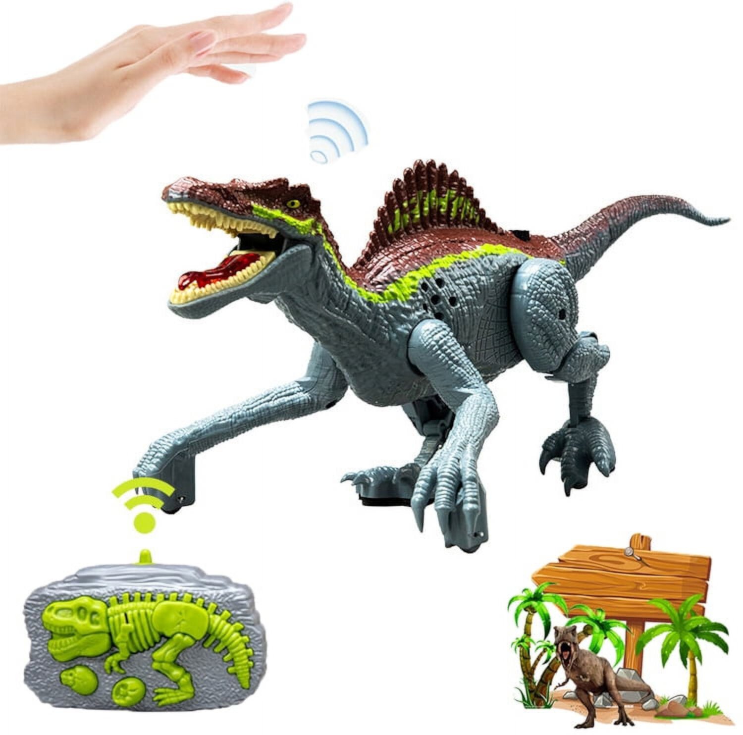 Adofi 2.4G Remote Control Dinosaur Toy, Gesture Sensitive Dinosaur Gift, Spiny Back Dragon with Light and Sounds, Electric Toy Shaking Head and Tail, Toys for Boys 3 6 Years -Gray Adofi