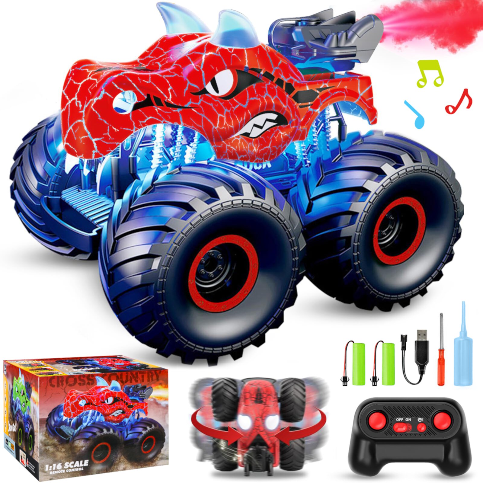 Huge Wave Remote Control Dinosaur Car, 2.4GHz RC Monster Trucks for Boys with Spray, Light & Sound, All Terrain RC Cars with 2 Batteries,Christmas Gifts Dinosaur Toys for Boys 3-6 Years,Red Huge Wave