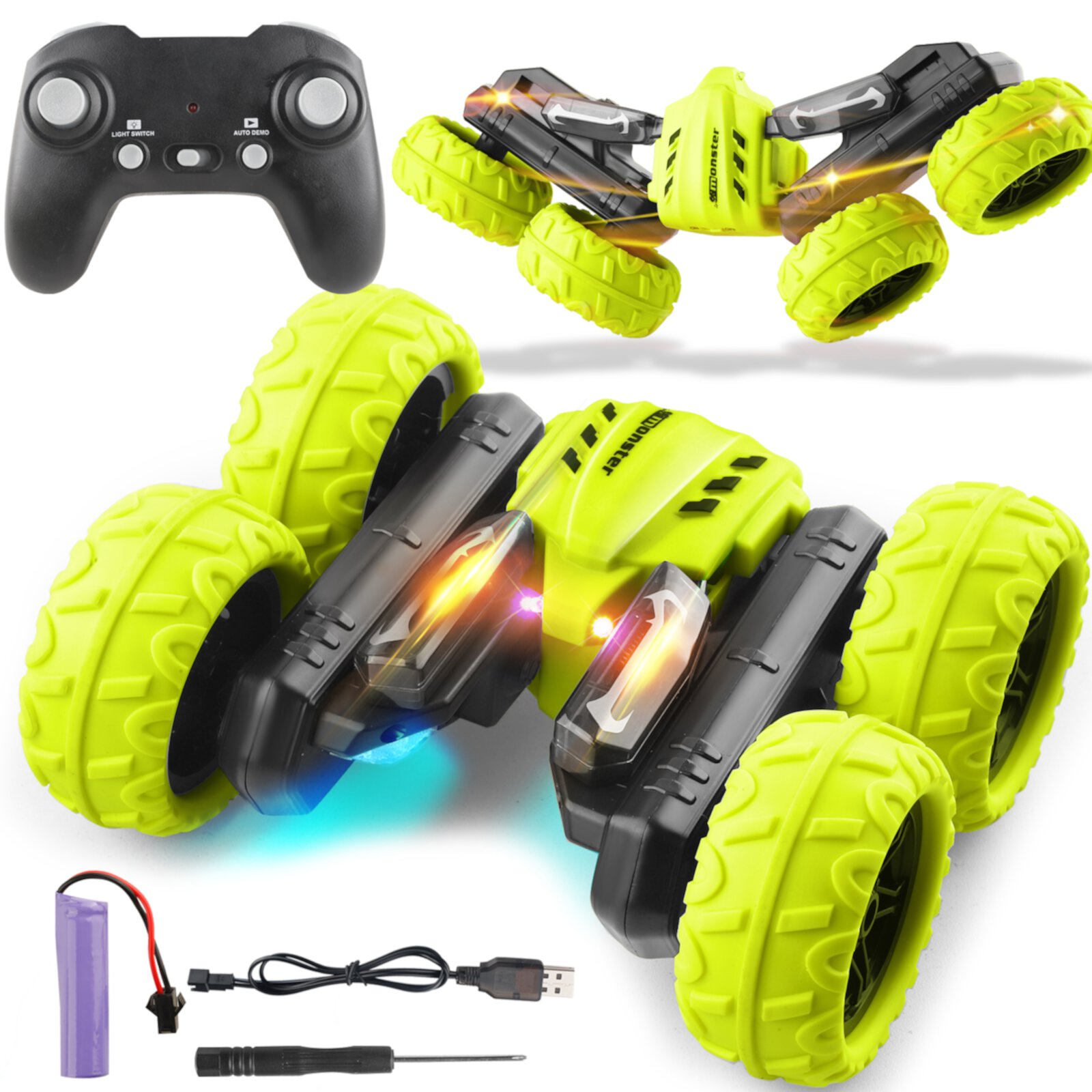 Remote Control Stunt Car with LED Light Text Display RC Car Toys for Boys 3-6 Years 4WD 2.4Ghz Double Sided 360° Rotating NETNEW