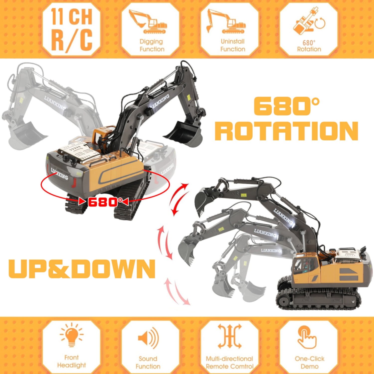 Remote Control Excavator Toys, 11 Channel Rechargeable RC Construction Vehicles Toys Digger with Metal Shovel Lights Sounds, RC Toy Gift for Boys Girls Kids Zacro