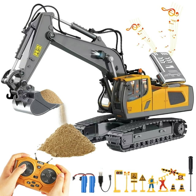 Remote Control Excavator Toys, 11 Channel Rechargeable RC Construction Vehicles Toys Digger with Metal Shovel Lights Sounds, RC Toy Gift for Boys Girls Kids Zacro