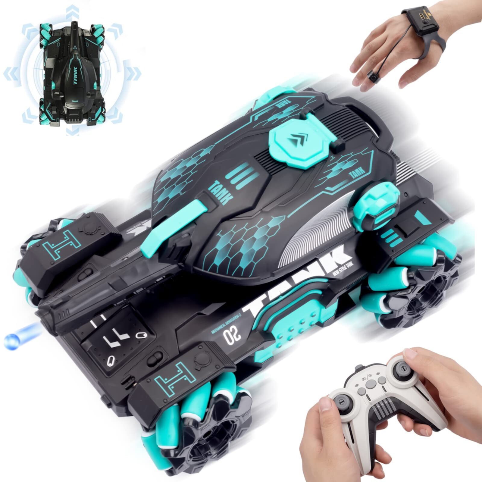 Tyethy RC Cars Gesture Sensing RC Stunt Car for Kids, Remote Control Truck Tank Shooting Water Bombs with Lights Music for Boys Ages 5+, Blue Tyethy