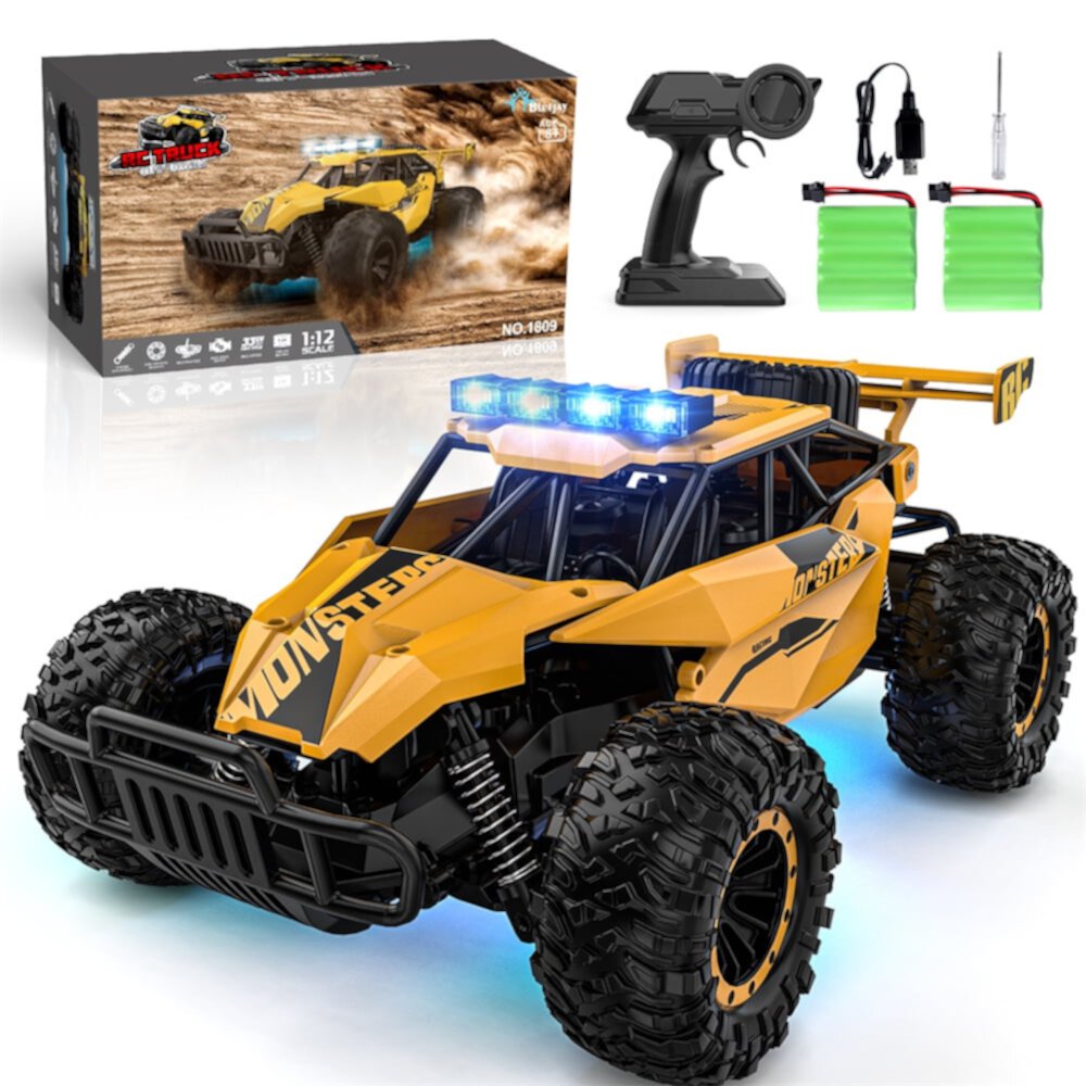 Growsly 33KM/H RC Cars Toys, 1:12 RC Monster Trucks Offroad Hobby RC Truck Toys with LED Headlight and Rechargeable Battery Gift for Adults Boys 5-12 Kids, Yellow Growsly