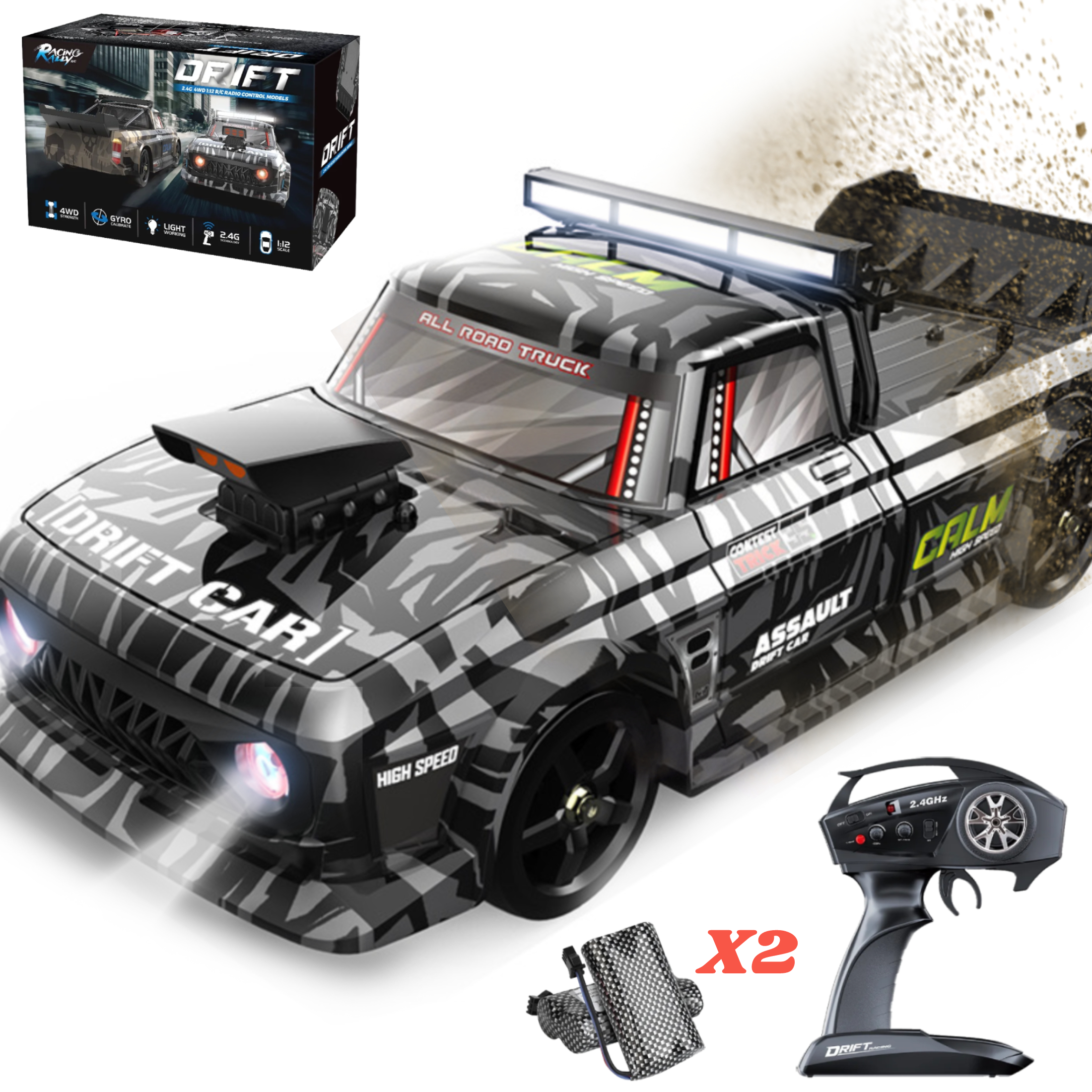 RC Drift Car for Adults Kids 1:12 High Speed Off Road RC Truck 2.4Ghz 4WD Remote Control Drifting RC Car 35KM/H Cars Racing Hobby Car for Boys & Girls, 2 Batteries YLSHRF