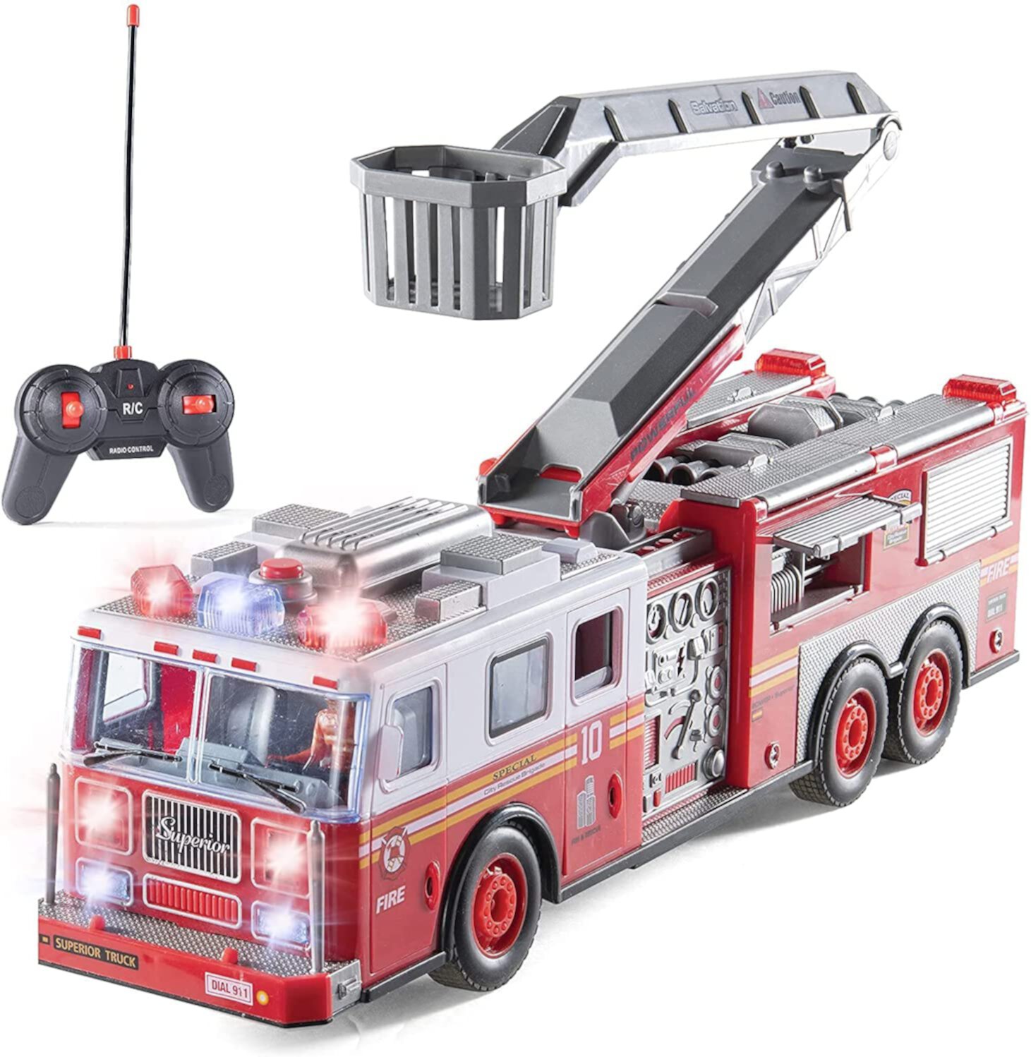 Prextex 14-inch RC Fire Engine Truck with Ladder, Lights, and Sirens - Best Toy Gift for Boys, Kids' Play Vehicles Prextex