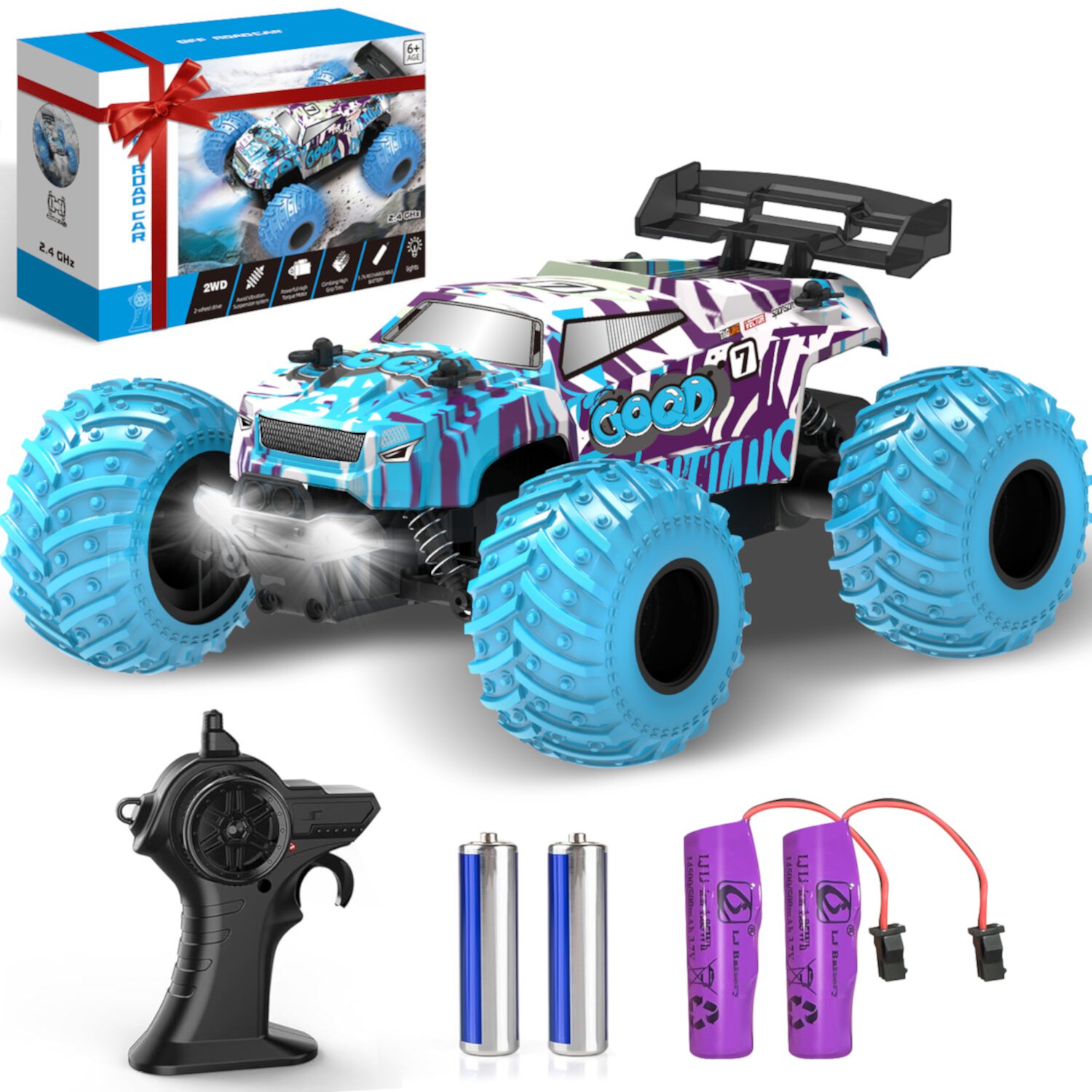 Kid Odyssey Remote Control Car, 1:18 Scale All Terrain RC Cars, 2WD 20Km/h with Colorful LED Light and 2 Rechargeable Batteries, Remote Control Monster Truck Off-road Racing Car Toys for Kids and Boys Kid Odyssey