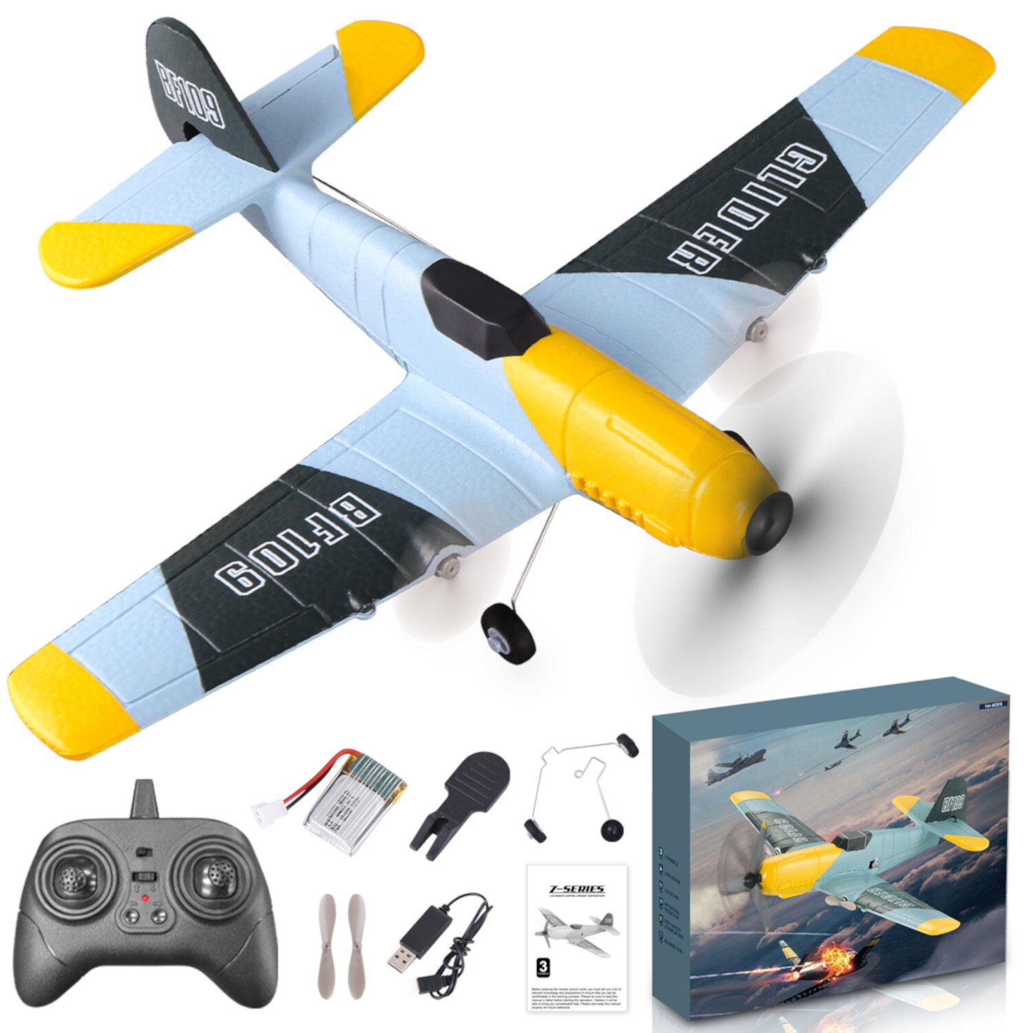 Kid Odyssey RC Plane Ready to Fly for Beginners, 2.4Ghz 3-CH Remote Control Glider Airplane RTF for Kids Boys and Adults, Portable & Easy to Fly Outdoor Toy with Gyro Stabilization System (BF-109) Kid Odyssey