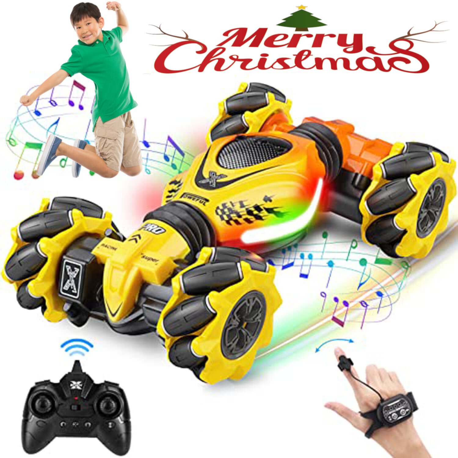 RC Car with Music & Colorful Light, Rechargeable Gesture RC Stunt Car, Hand Controlled Remote Transform Off Road Car, Electric Remote Control Car, RC Car Toys for Boys Kids 6-12 Years Autrucker