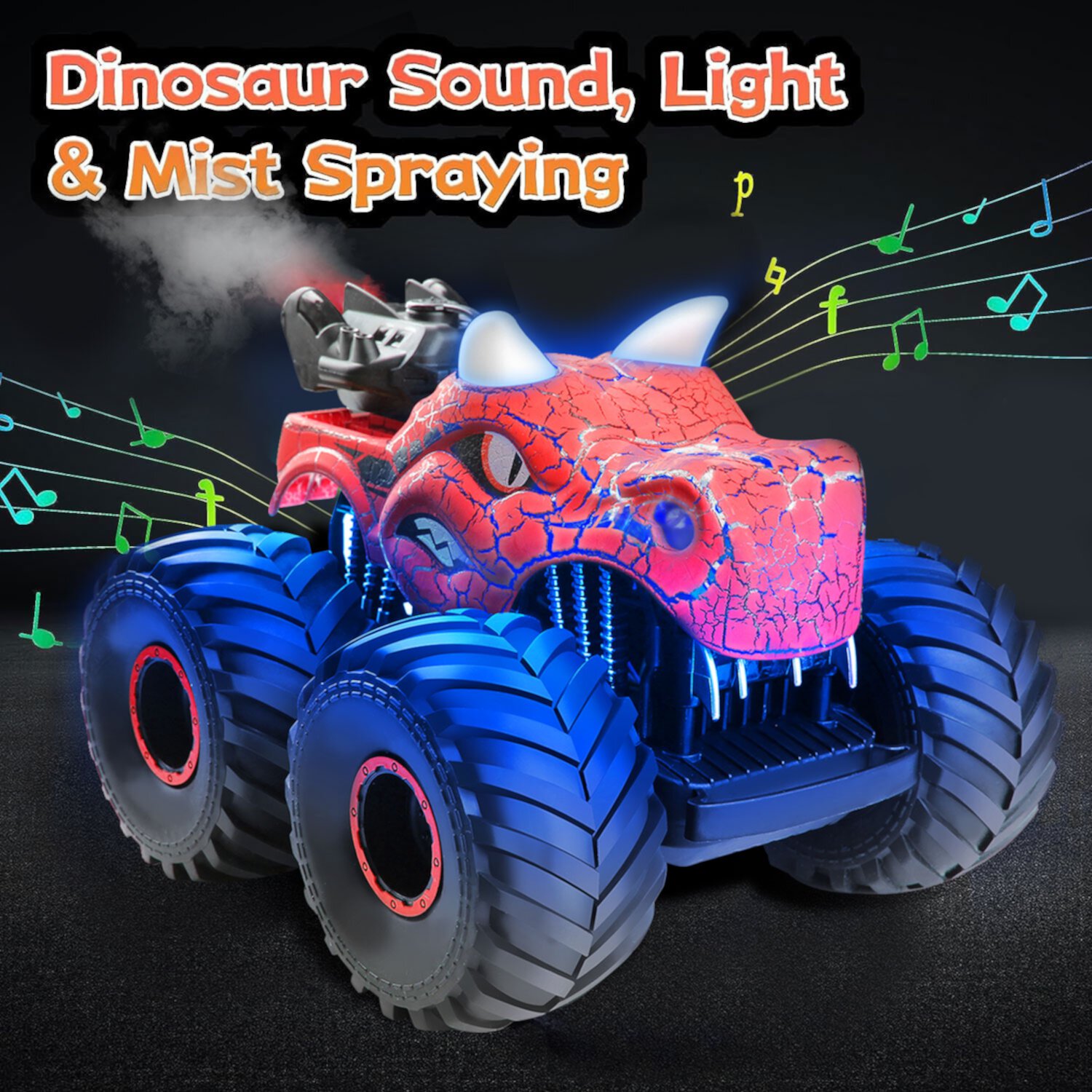 Kid Odyssey Remote Control Car, 2.4GHz Monster Trucks for Boys Girls with Light, Sound & Spray, Dinosaur Toys Gift for Kids 3 4 5 6 7 8, All Terrain RC Cars for Toddlers with 2 Batteries, Blue Kid Odyssey