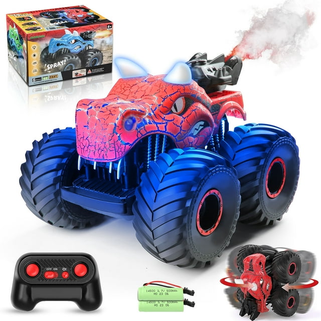 Kid Odyssey Remote Control Car, 2.4GHz Monster Trucks for Boys Girls with Light, Sound & Spray, Dinosaur Toys Gift for Kids 3 4 5 6 7 8, All Terrain RC Cars for Toddlers with 2 Batteries, Red Kid Odyssey