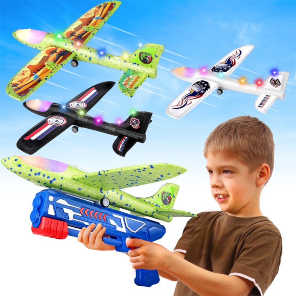 Growsly 6 Pack Small Catapult Airplanes with DIY Stickers, LED Lights, Two Bullets and Launcher Xmas Gifts for 4-12 Kids, Red,Orange,Blue,White,Gray,Black Growsly