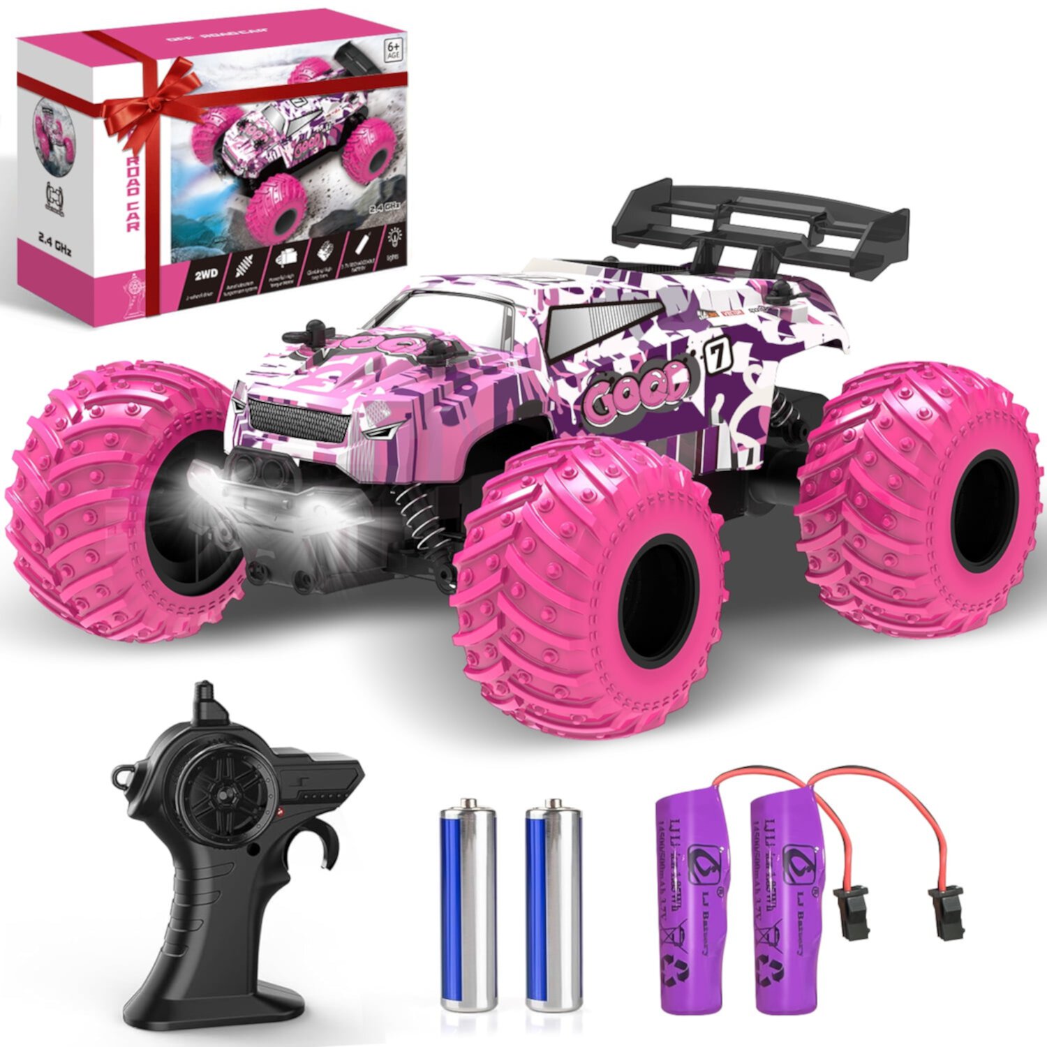 Kid Odyssey Remote Control Car, 1:18 Scale All Terrain RC Cars, 2WD 20Km/h with Colorful LED Light and 2 Rechargeable Batteries, Remote Control Monster Truck Off-road Racing Car Toys for Kids and Boys Kid Odyssey