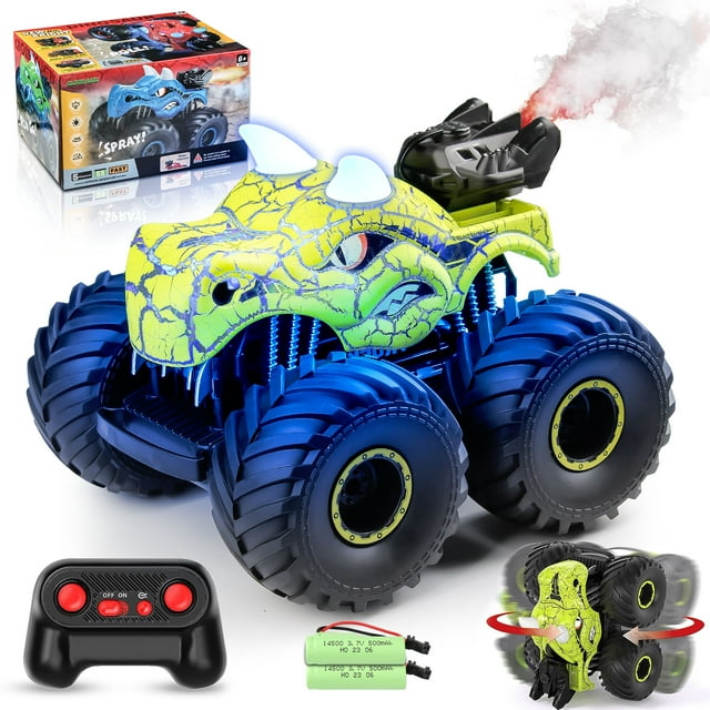 Kid Odyssey Remote Control Car, 2.4GHz Monster Trucks for Boys Girls with Light, Sound & Spray, Dinosaur Toys Gift for Kids 3 4 5 6 7 8, All Terrain RC Cars for Toddlers with 2 Batteries, Green Kid Odyssey