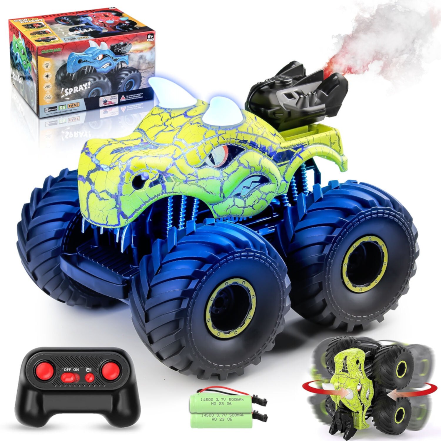 Kid Odyssey Remote Control Car, 2.4GHz Monster Trucks for Boys Girls with Light, Sound & Spray, Dinosaur Toys Gift for Kids 3 4 5 6 7 8, All Terrain RC Cars for Toddlers with 2 Batteries, Blue Kid Odyssey