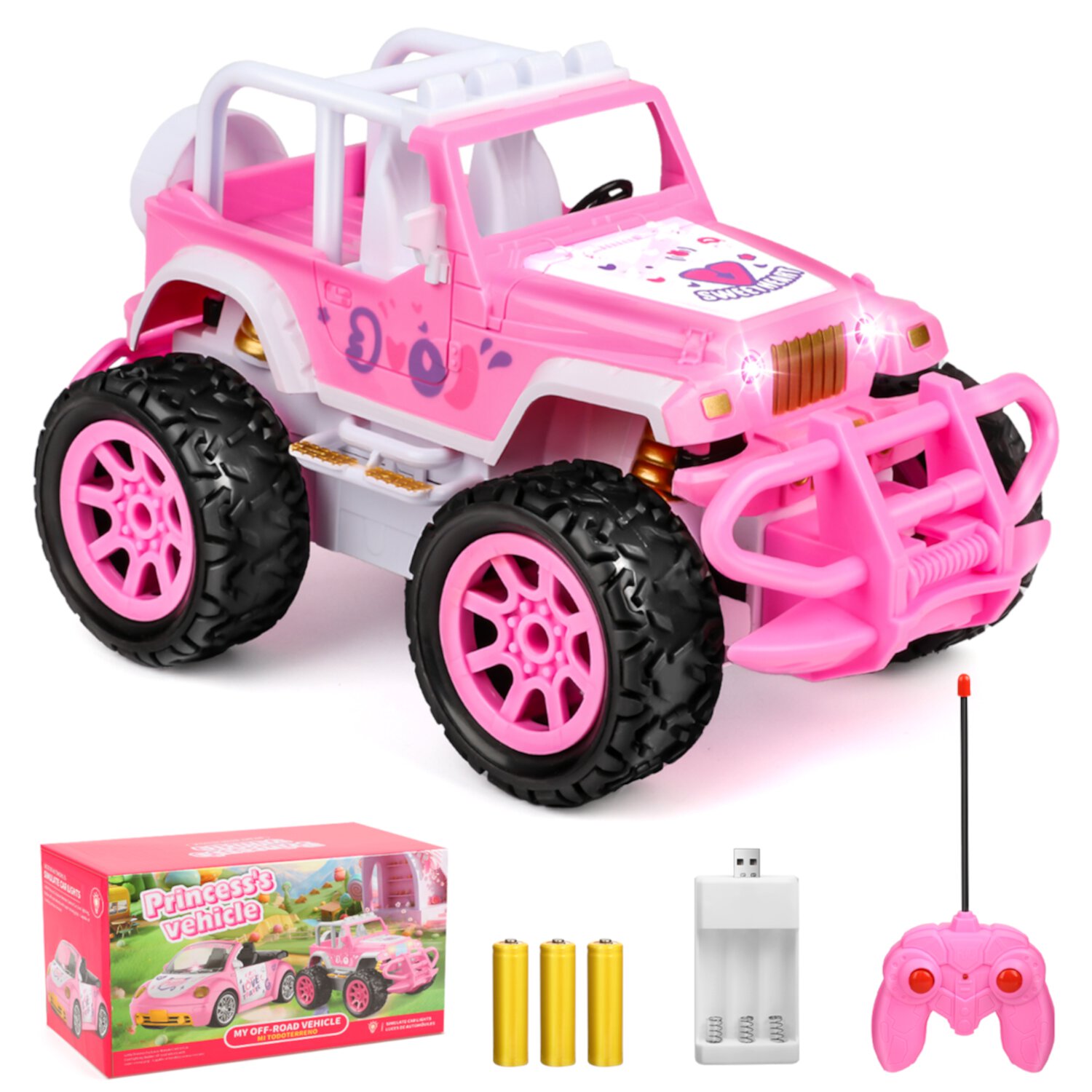 Flooyes Remote Control Car for Girls, Pink RC Car, 2.4Ghz All Terrain Off-Road RC Truck with Rechargeable Battery, Girl Toys Birthday Christmas Gifts for 3 4 5 6 7 8 Years Old Kids Flooyes