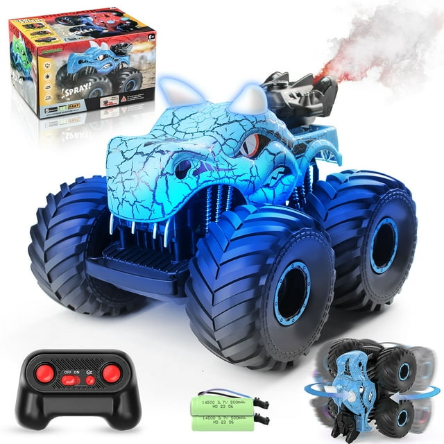 Kid Odyssey Remote Control Car, 2.4GHz Monster Trucks for Boys Girls with Light, Sound & Spray, Dinosaur Toys Gift for Kids 3 4 5 6 7 8, All Terrain RC Cars for Toddlers with 2 Batteries, Blue Kid Odyssey