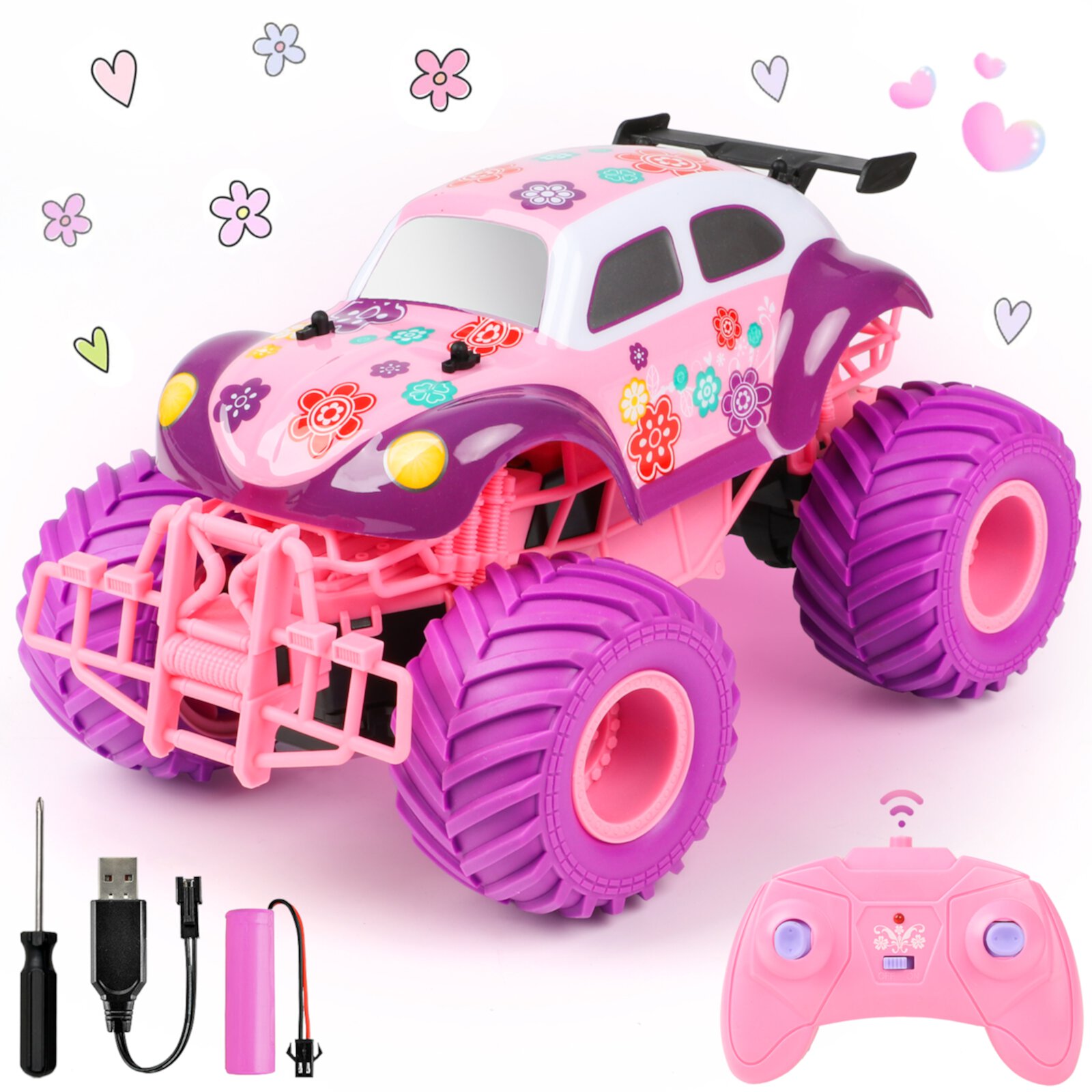 Flooyes Remote Control Car for Girls, 2.4Ghz All Terrain Girls Off-Road RC Trucks with Rechargeable Battery,4WD RC Car Toys for Boys 3-6 Years,Christmas Gifts for Kids Age 5+, Pink Flooyes