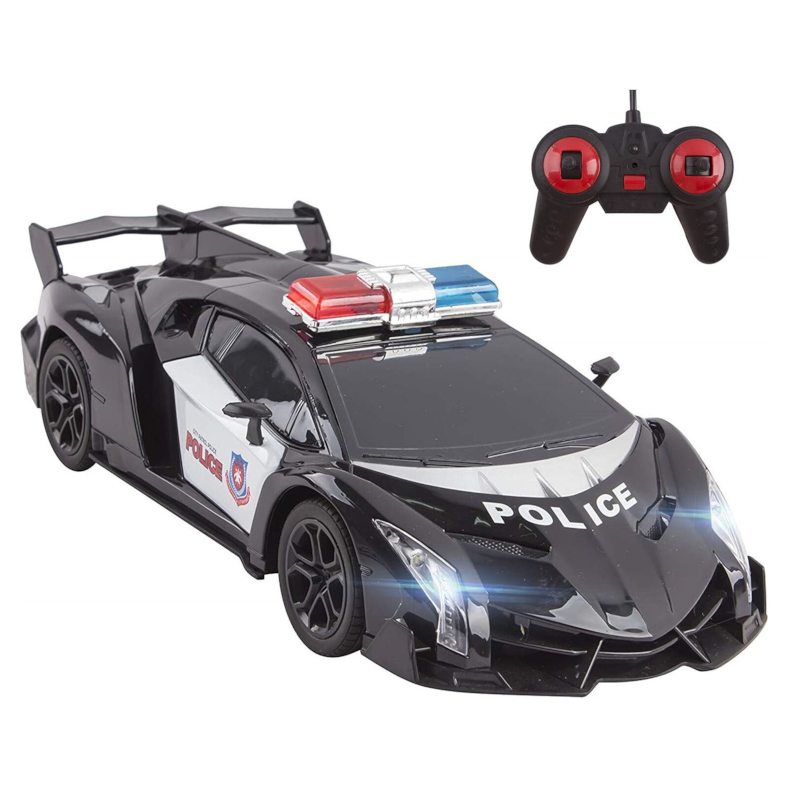 Vokodo Police RC Car Super Exotic 12 Inch 1:16 Scale Size Kids Remote Control Easy To Operate Toy Sports Cars With Functional LED Headlights Cop Race Vehicle Full Function Great Gift For Boys (Black) Vokodo