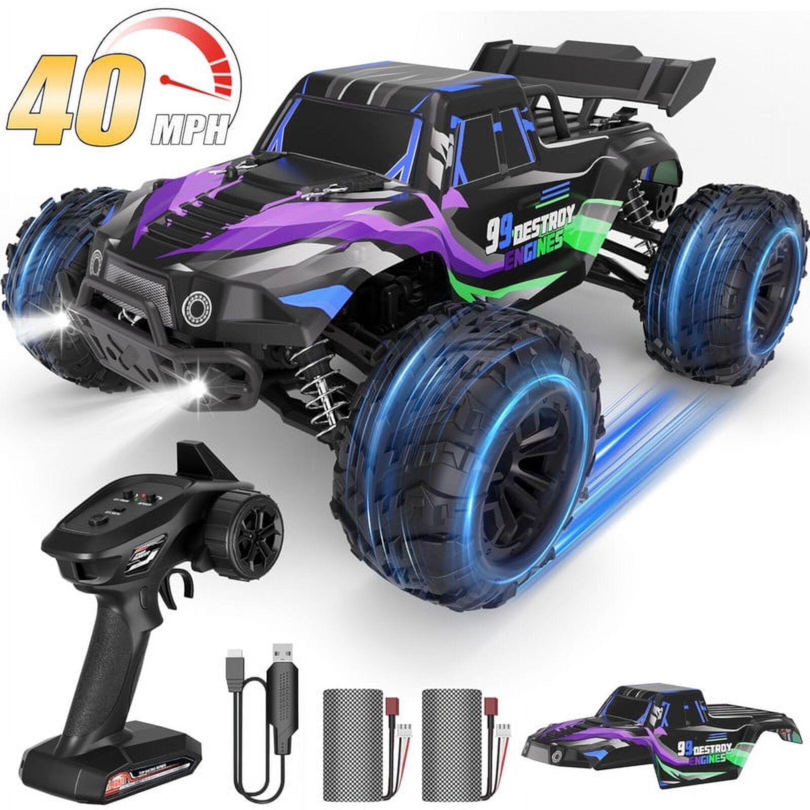 Yexmas 1:16 Scale Fast Large RC Car,40+KM/H All Terrain High Speed Remote Control Car, 4x4 RC Monster Truck with 60 Min Runtime,2 Batteries,Gifts Toys for Kids & Adults,Purple Yexmas