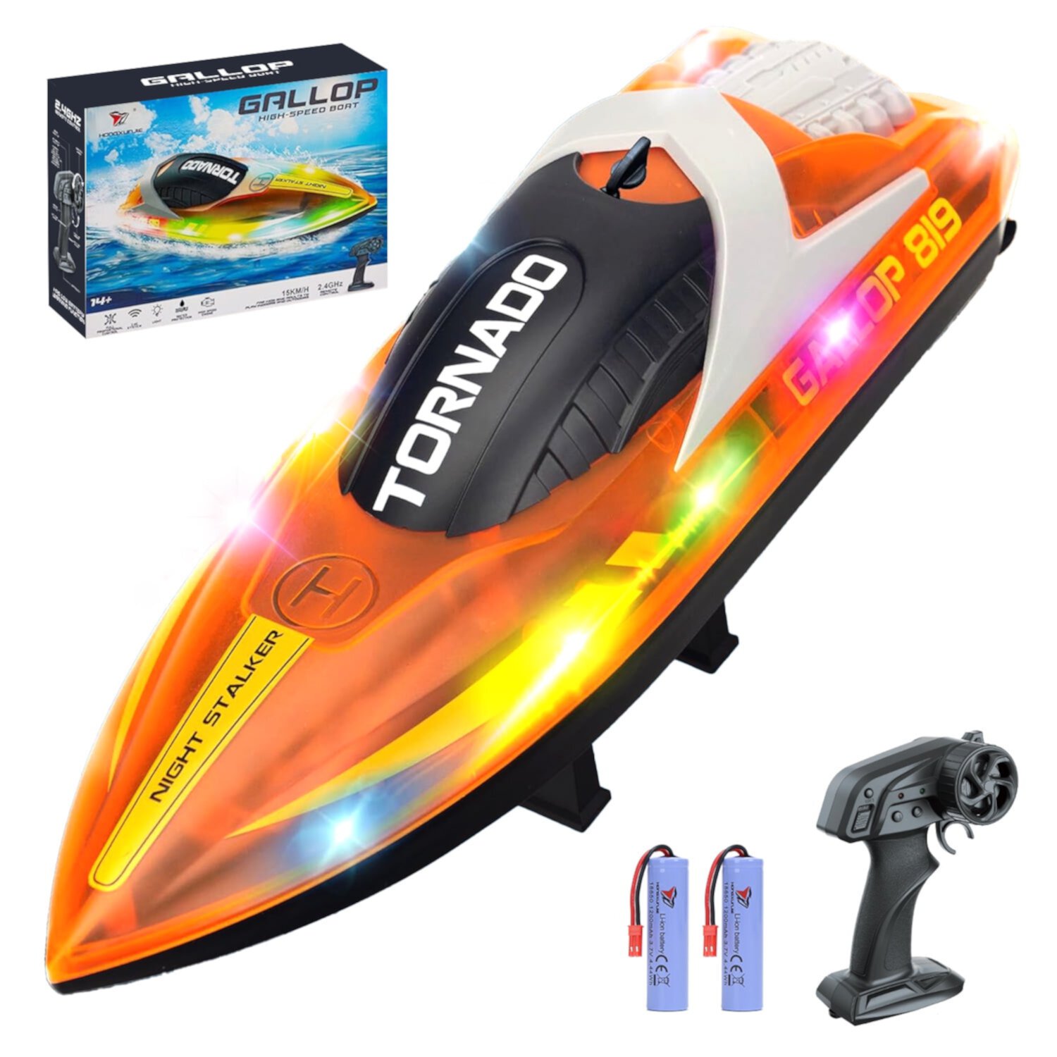 JoyStone RC Boat for Pools and Lakes, 2.4G 15+ MPH Fast Remote Control Boat with LED Lights, Racing Boats for Kids & Adults with 2 Rechargeable Battery, Gifts for Boys Girls (Orange) JoyStone