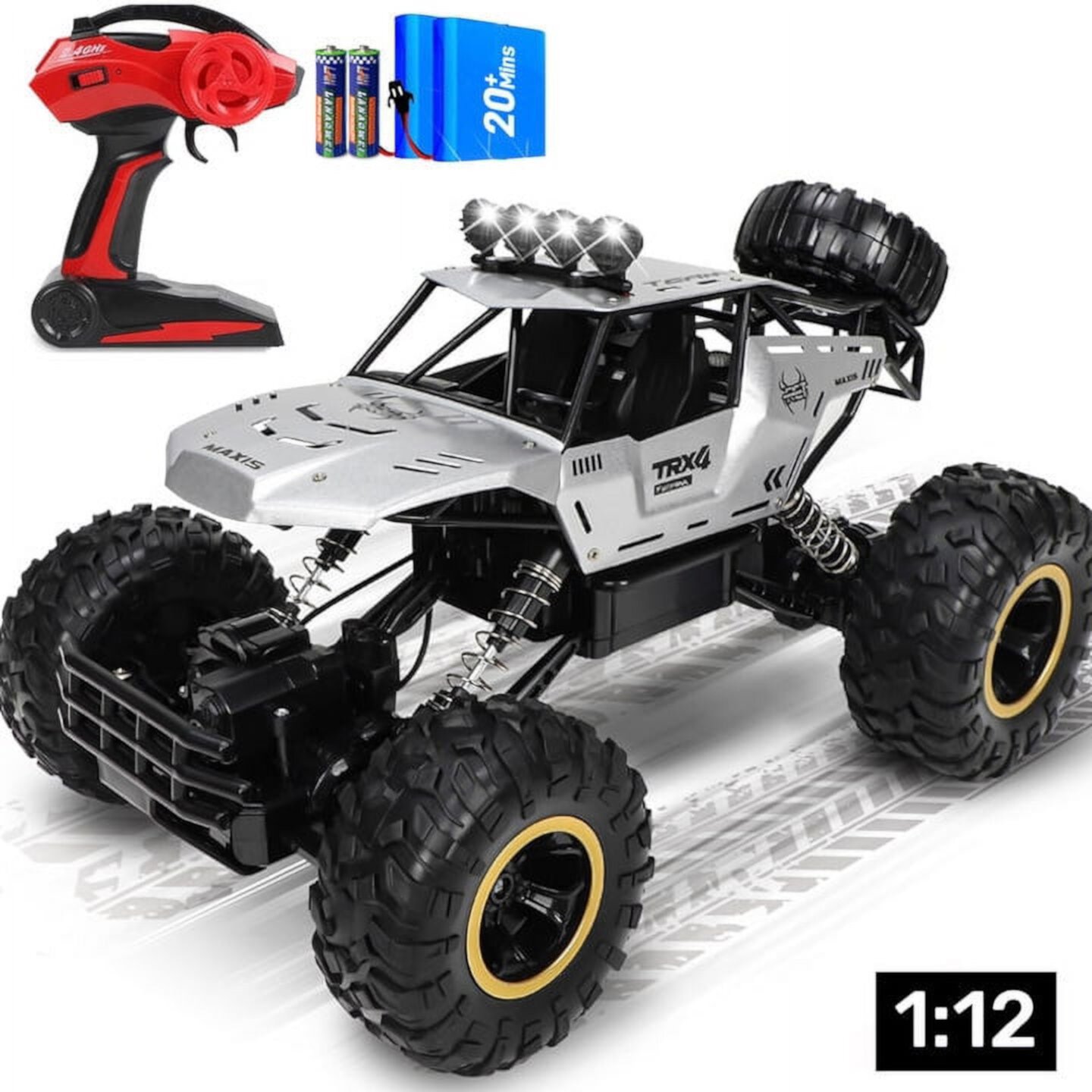 Wisairt 1:12 Large RC Cars,4WD Large Remote Control Monster Truck 2.4 GHz Alloy RC Cars for Kids Adults Aged 6 + Birthday Christmas Gifts (Silver) Wisairt