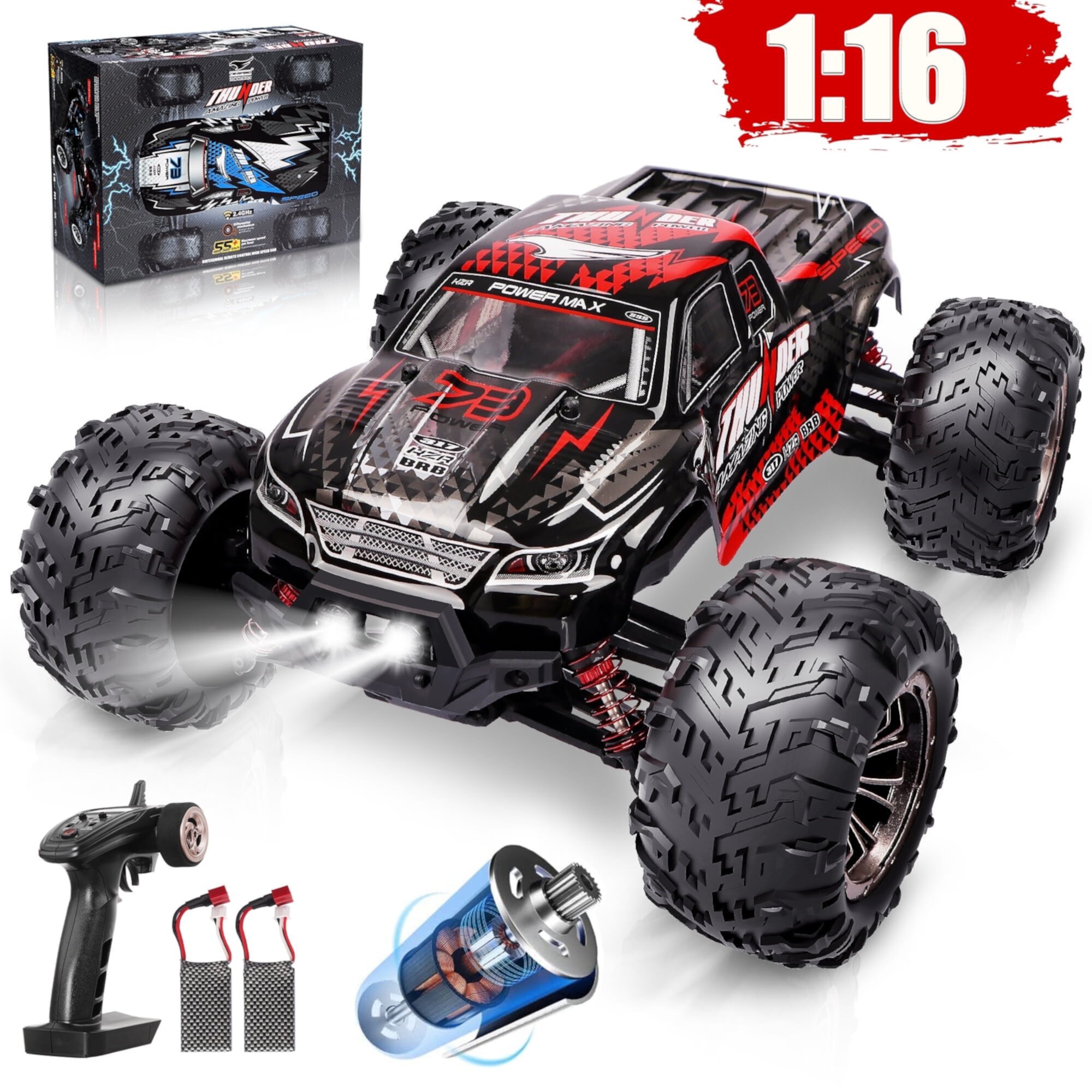 Hot Bee Remote Control Car, 1:16 RC Monster Truck, 24+ MPH 4WD Off Road with Lights Gift for Boys Kids and Adults Hot Bee