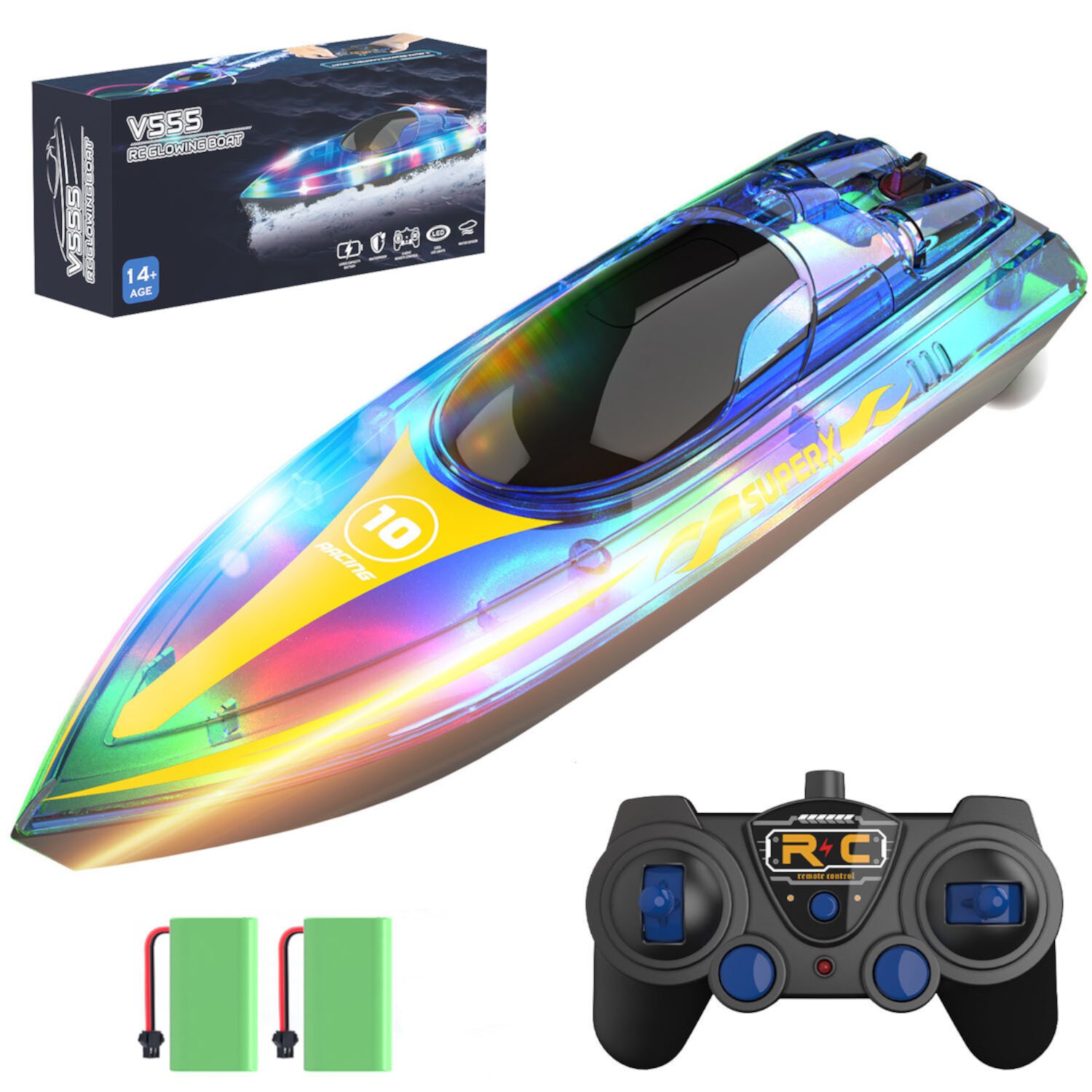 JoyStone Summer Radio Control Boat for Pools and Lakes Waterproof Electric Ship 15+ mph with LED Lights 2 Batteries for Kids, Blue JoyStone