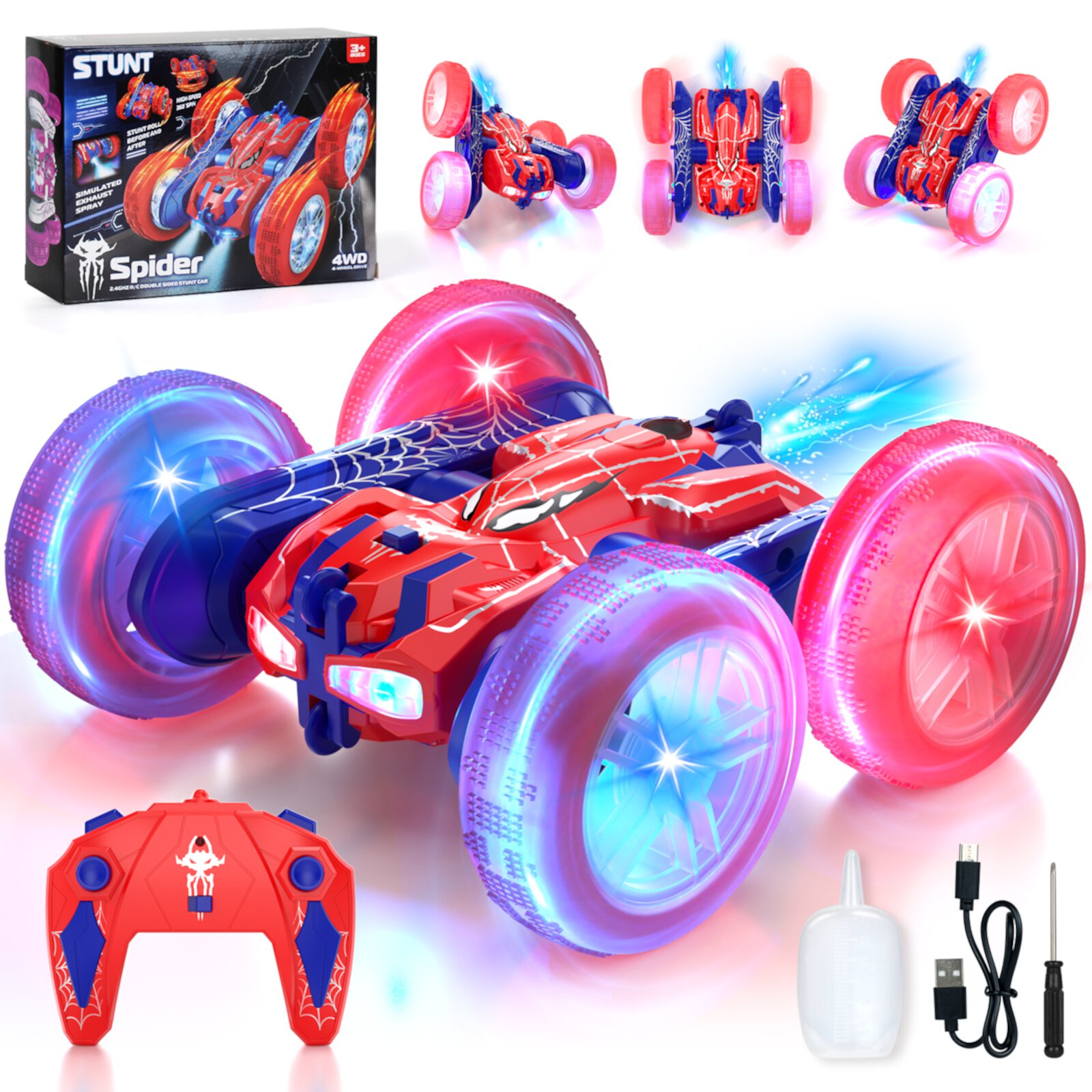 Remote Control Cars, RC Cars Toys for 3 4 5 6 7 8 9 10 Year Old Boys Toy, 2.4Ghz Fast Stunt, 360° Rotating Stunt Cars for Age 8-12 Outdoor Toys, w/LED & Smoke, Birthday Christmas Gift KWANITHINK