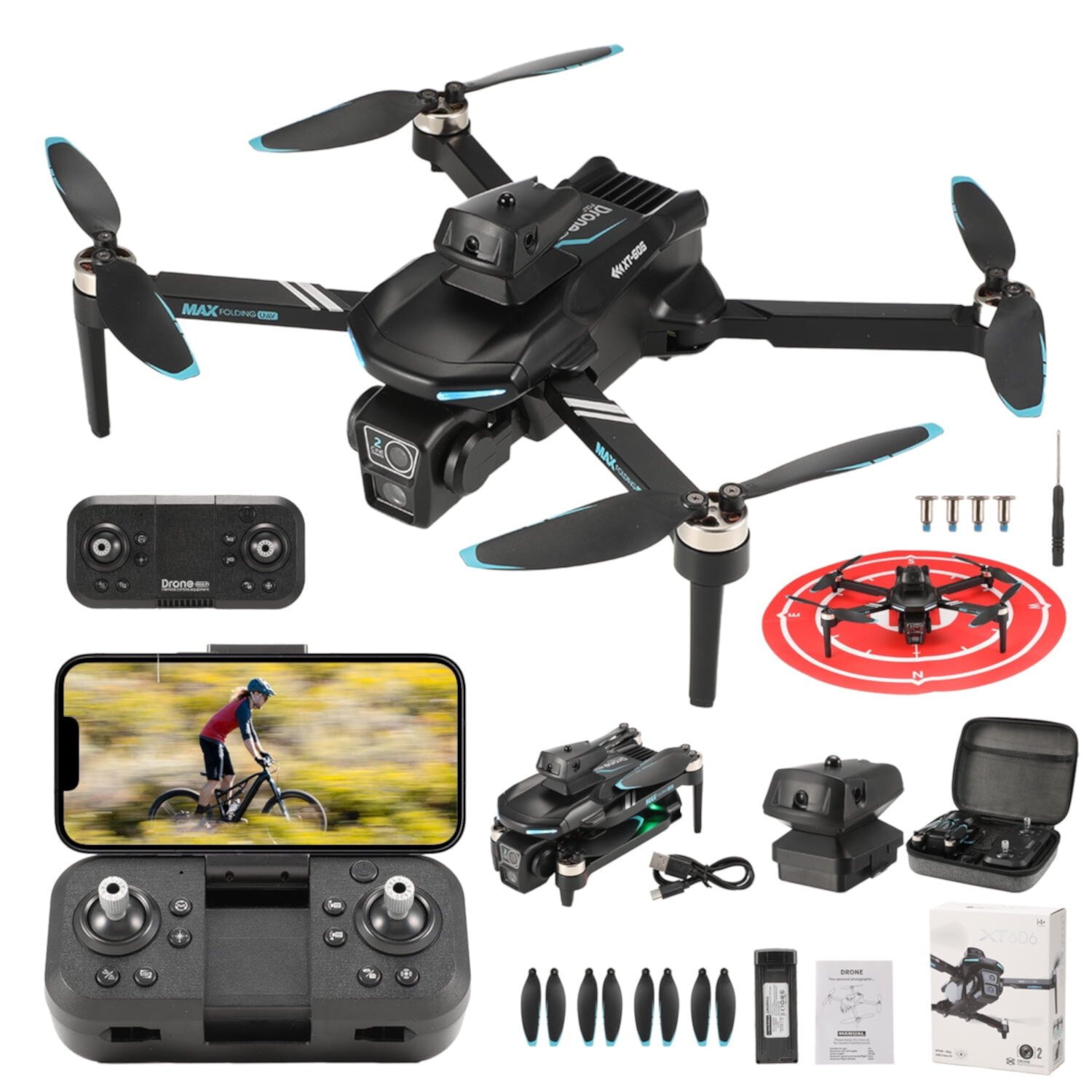 XT606 Drone with 6K UHD Camera, Lictin RC Foldable Drones for Kids Adults Beginners, RC Quadcopter Drone with Brushless Motor, Headless Mode, Optical Flow Position, 2 Batteries, Black Lictin