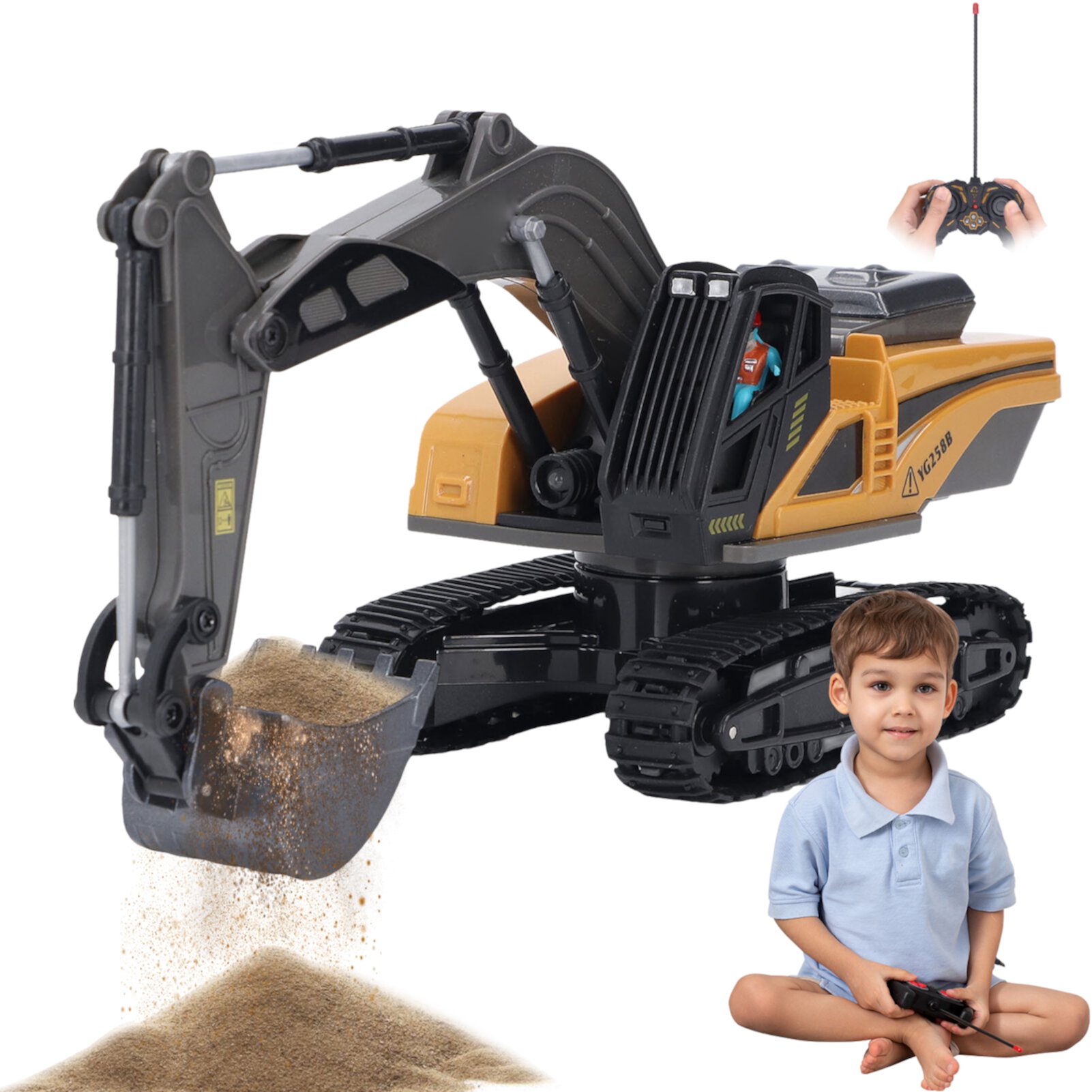 Remote Control Excavator Toys with Metal Shovel & Lights, 8 Channel RC Truck Rechargeable Tractor Toy Gift for Boys Girls Kids 3-8 Years Old Ccdes