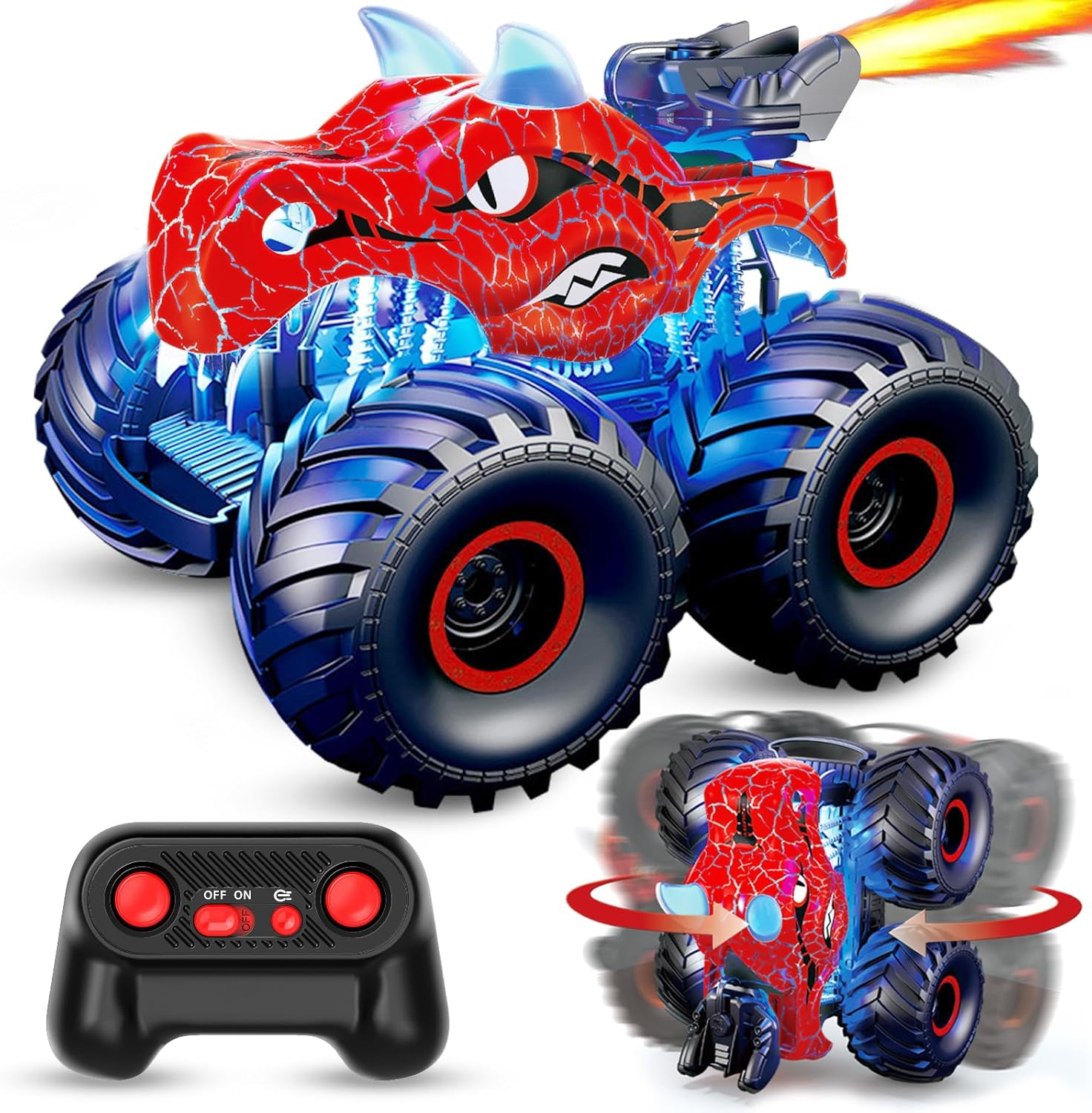 UUGEE Remote Control Dinosaur Car Toys for Boys, 2.4GHz RC Monster Trucks for Boy with Spray, Light & Sound, 360° Rotating All Terrain RC Cars Toys Christmas Gift for 3 4 5 6 7 8 Kids - Blue UUGEE