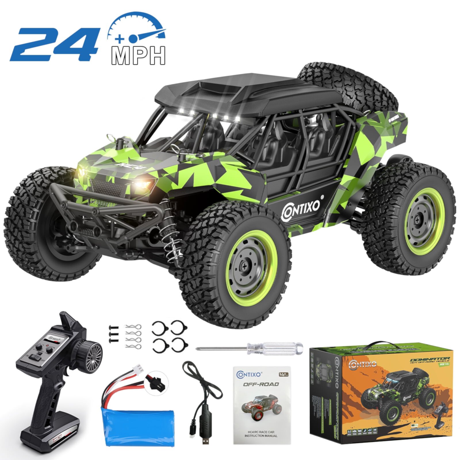 Contixo RC Off-Road UTV, 1:16 Scale, 4WD, 2.4GHz, LED Headlights, Remote Control Car for Kids & Adults - Red Contixo