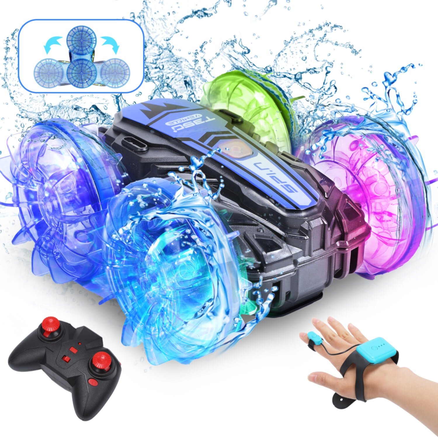 JoyStone Amphibious RC Car, 4WD Gesture RC Car with Waterproof Remote Control, All Terrain RC Stunt Car with LED Lights, 360°Rotate for Kids JoyStone