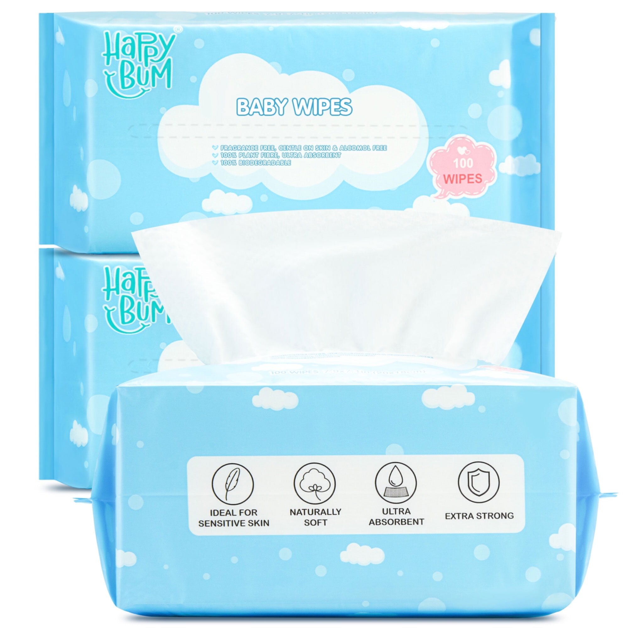 Baby Dry Wipes for Sensitive Skin, Plant-Based, Hypoallergenic, Biodegradable, 300 Counts HAPPY BUM