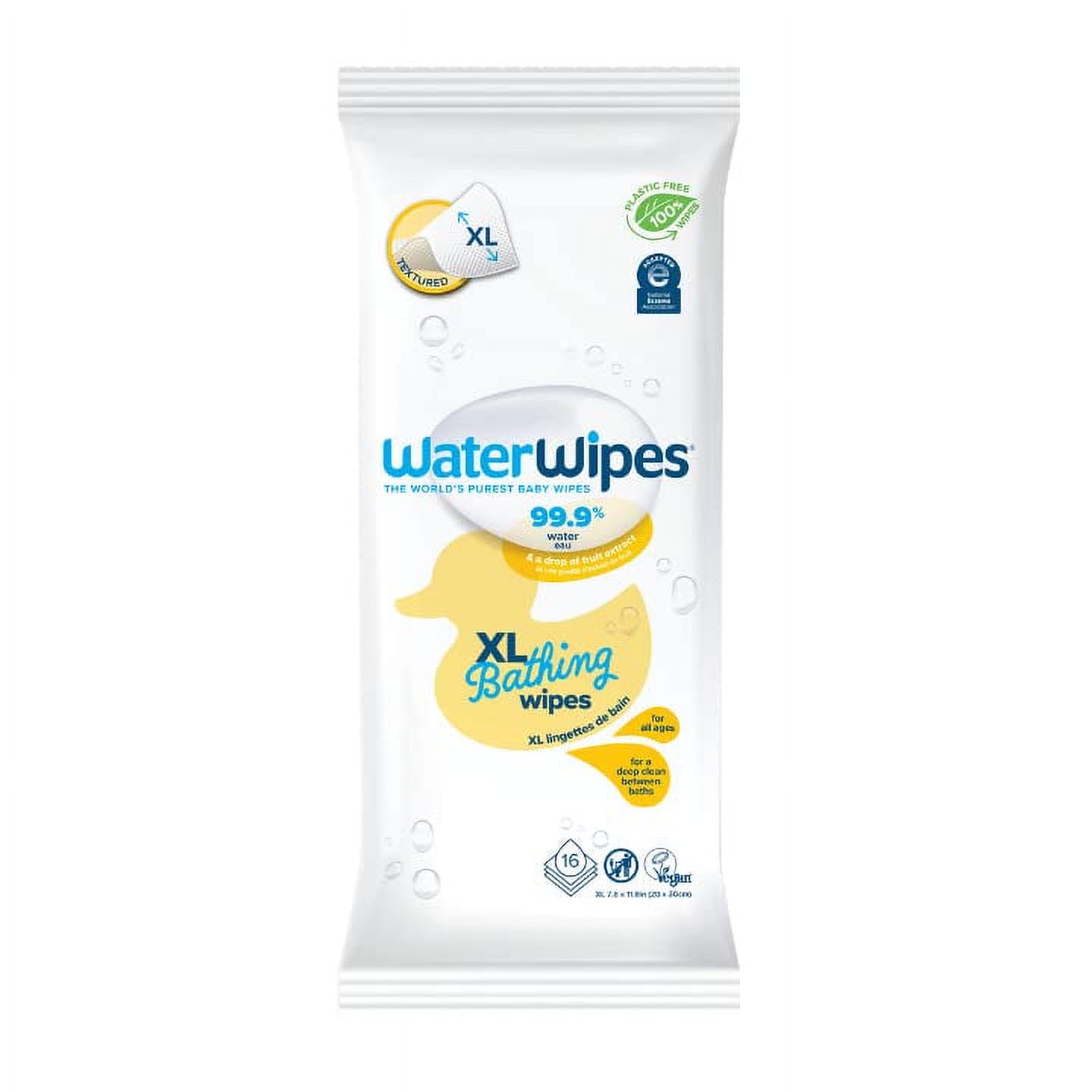 WaterWipes XL Unscented, No-Rinse, Textured Bath Wipes for Sensitive & Newborn Skin, 1 Pack (16 Count) - Packaging May Vary WaterWipes