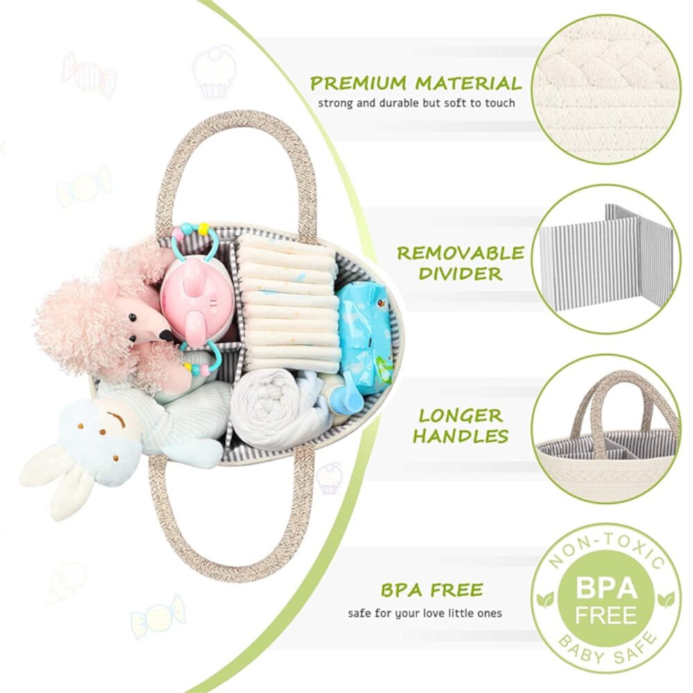 Baby Diaper Storage Box Cotton String Baby Room Diaper Basket Diaper Storage Bag Wet Wipes Toy Organizer Bag For Changing Tables And Cars Baby Shower Gifts + Saliva Towel Laidan