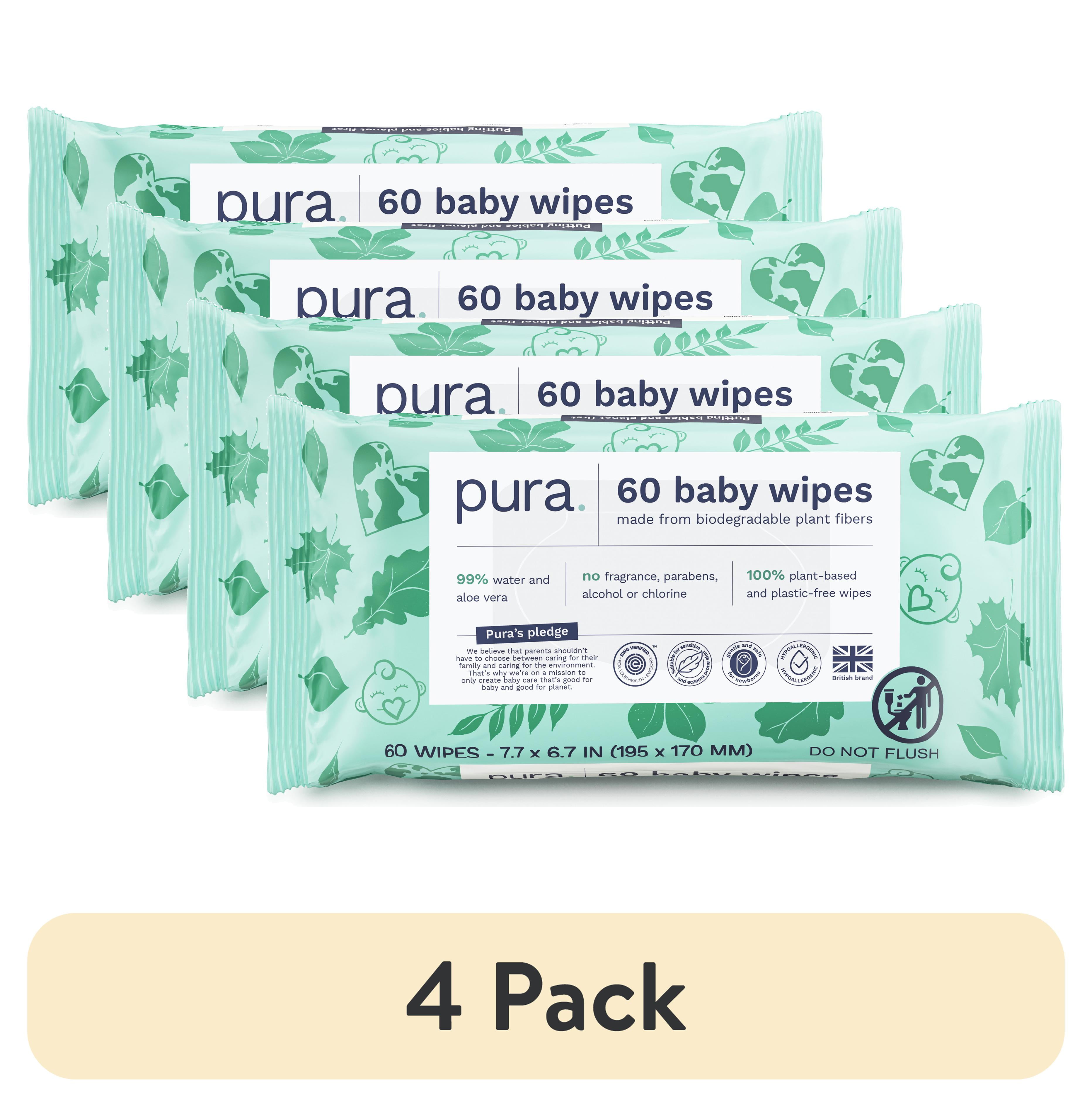 (4 pack) Pura Baby Wipes, Fragrance Free, Sensitive, EWG Verified, Plant-Based, 60 Count, Choose Your Count Pura