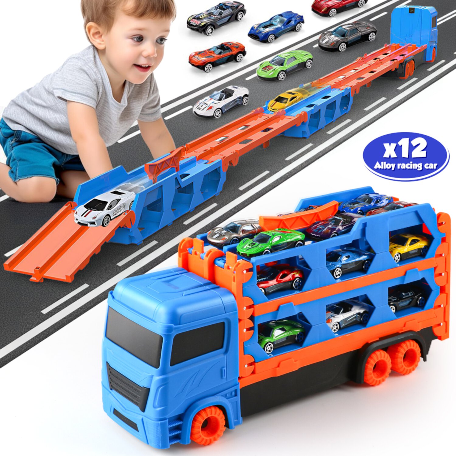 Flooyes Toy Trucks Cars for Toddlers, Transport Carrier Truck Race Track Set for Boys Kids, with 12 Die-Cast Metal Toy Cars, Kids Toys Set for 2 3 4 5 6 Years Old (Blue) Flooyes